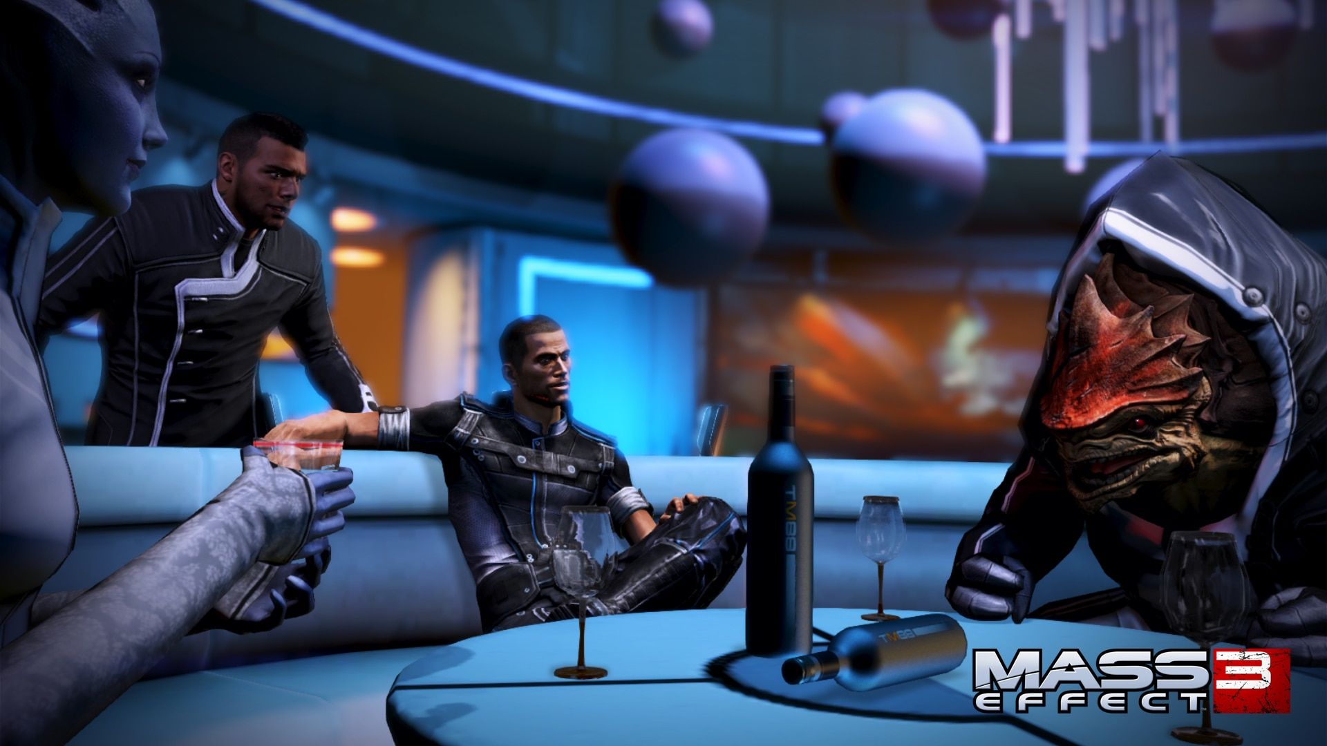 Commander Shepard speaks with allies seated around a table in a blue-lit room.