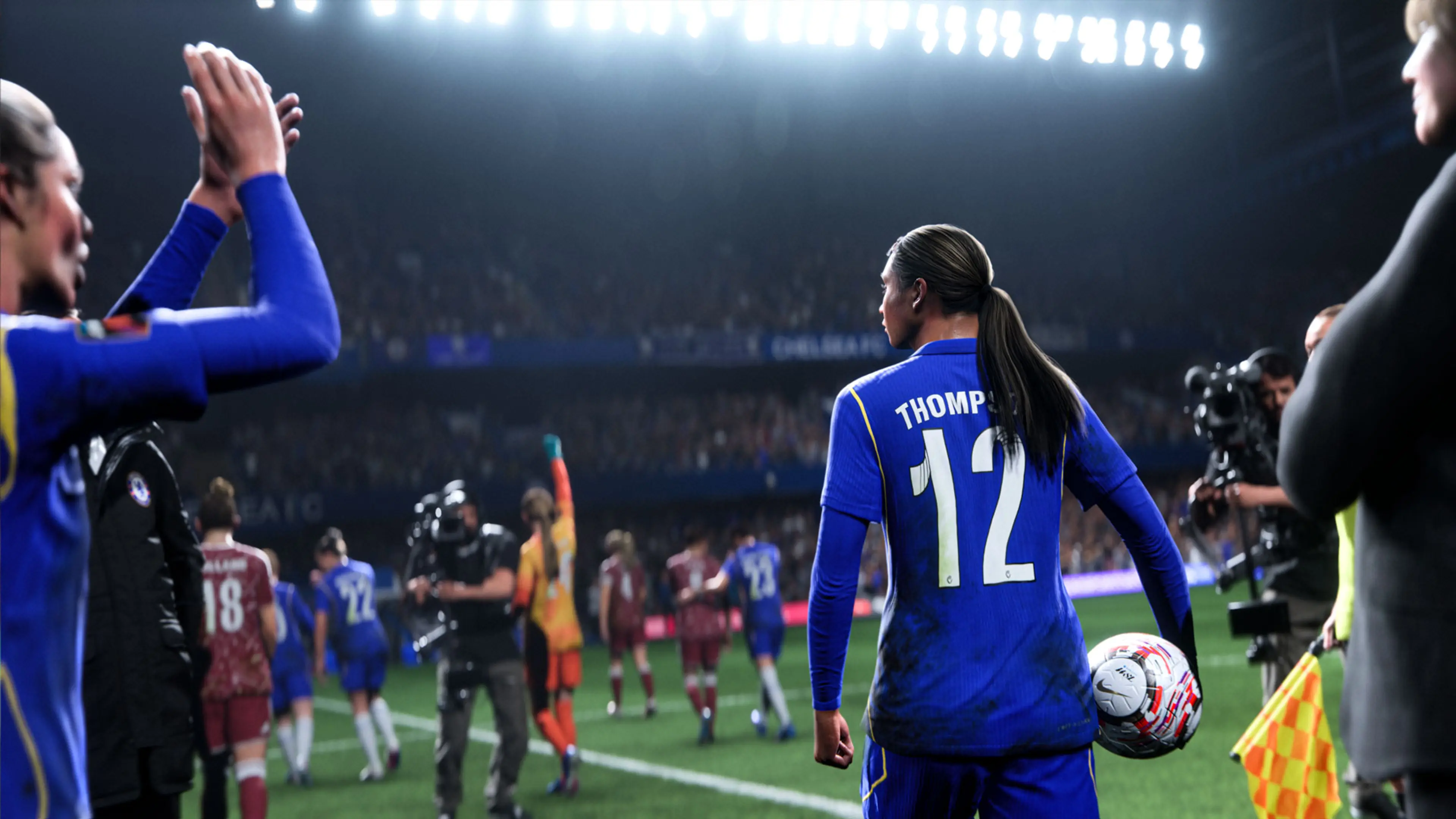 Thompson’s game character walks onto the pitch in a blue Chelsea shirt bearing number 12.