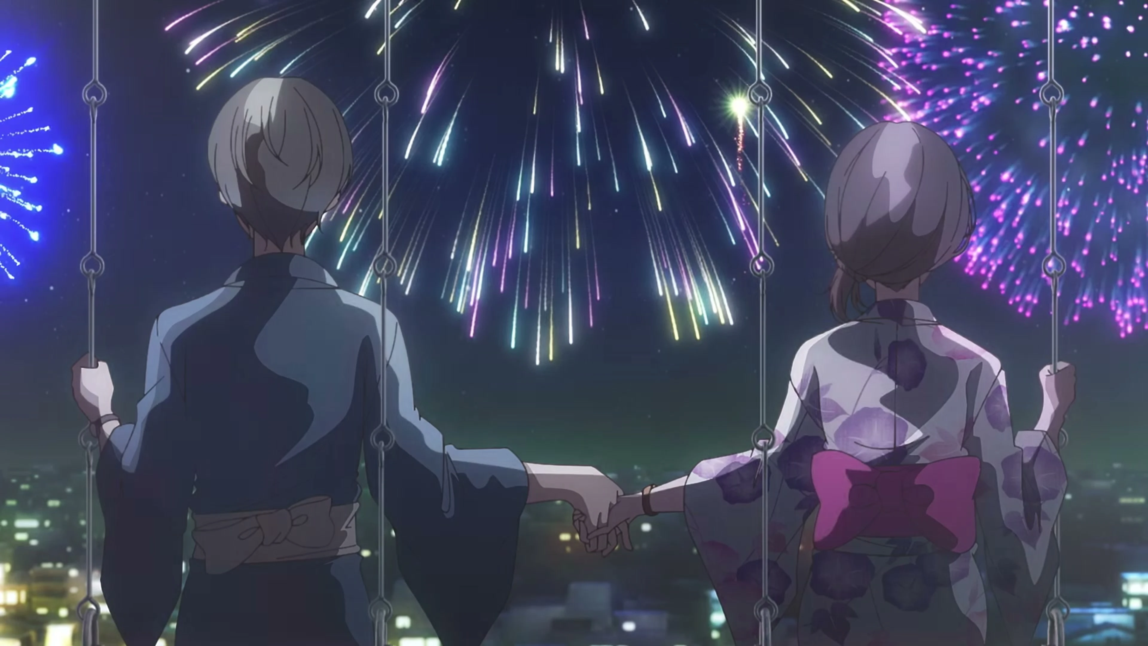 Souta and Koharu sit together on swings beneath colorful fireworks.