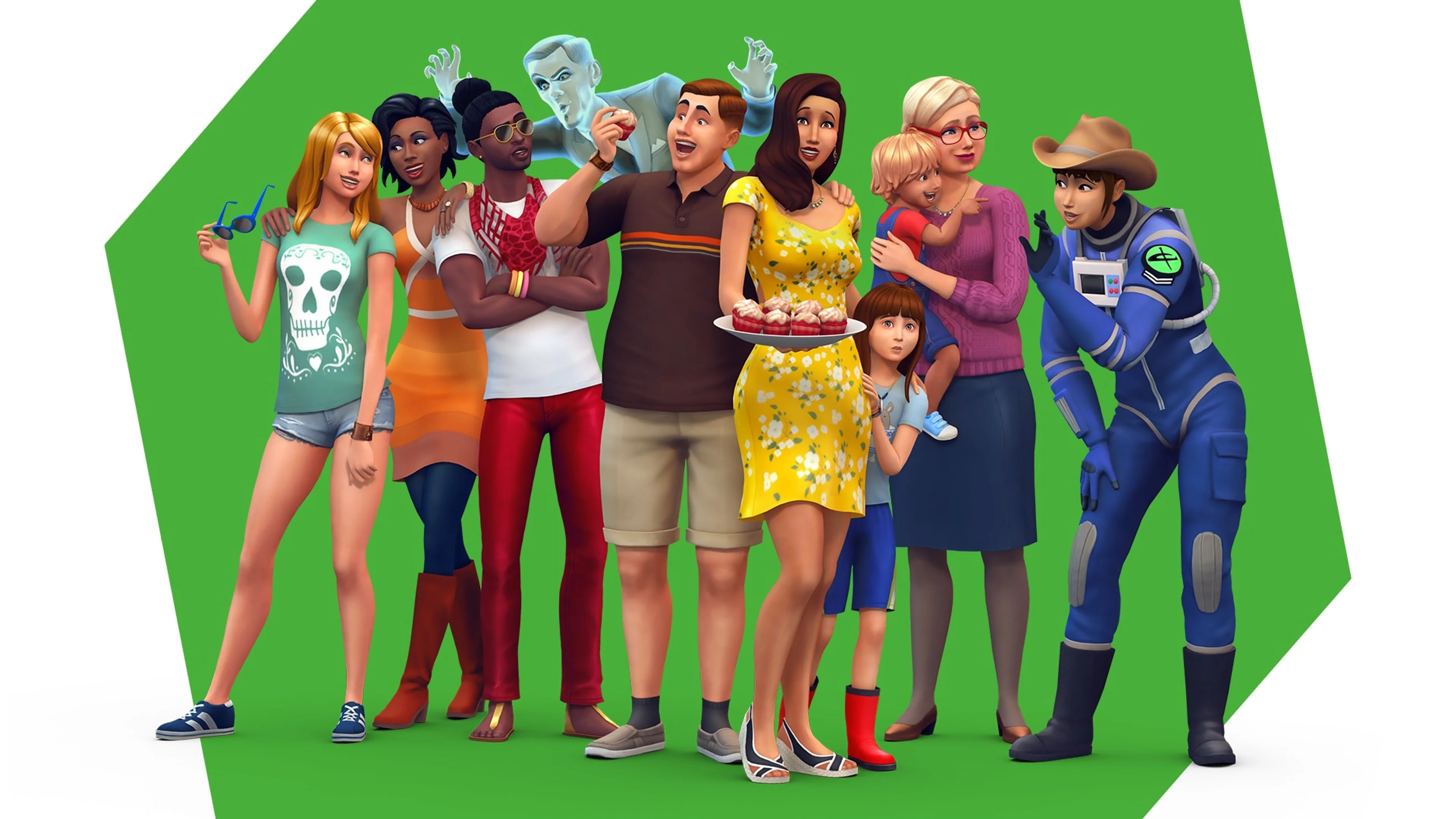 A diverse group of ten characters from The Sims 4