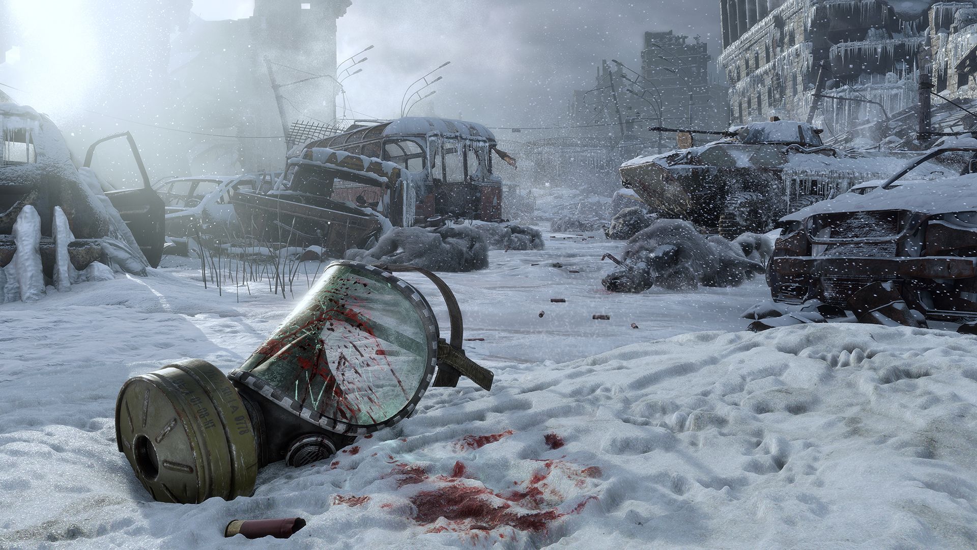 A gas mask lies in the snow near blood and abandoned vehicles, showing the harsh setting outside the Metro.