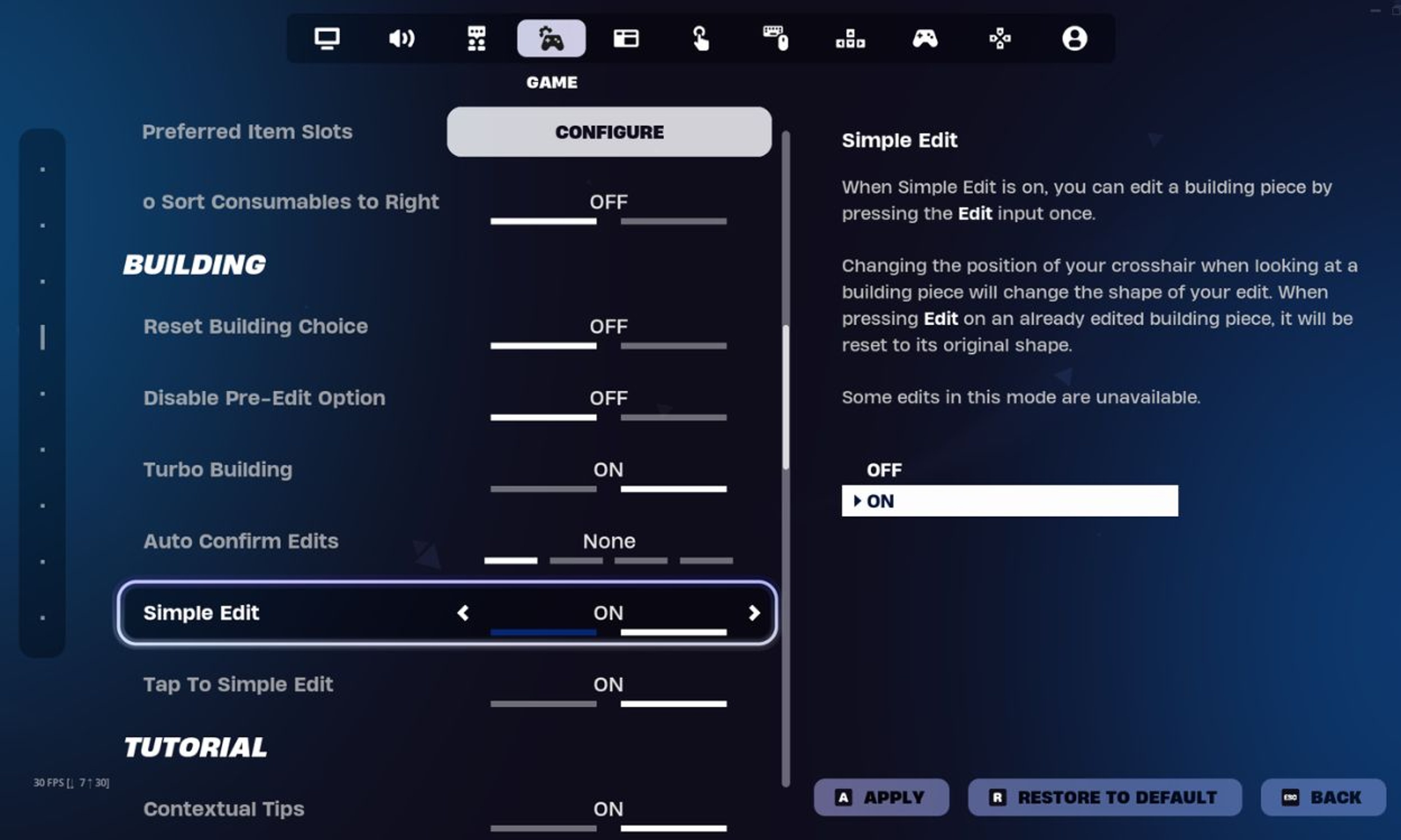 Fortnite settings showing the Simple Edit option