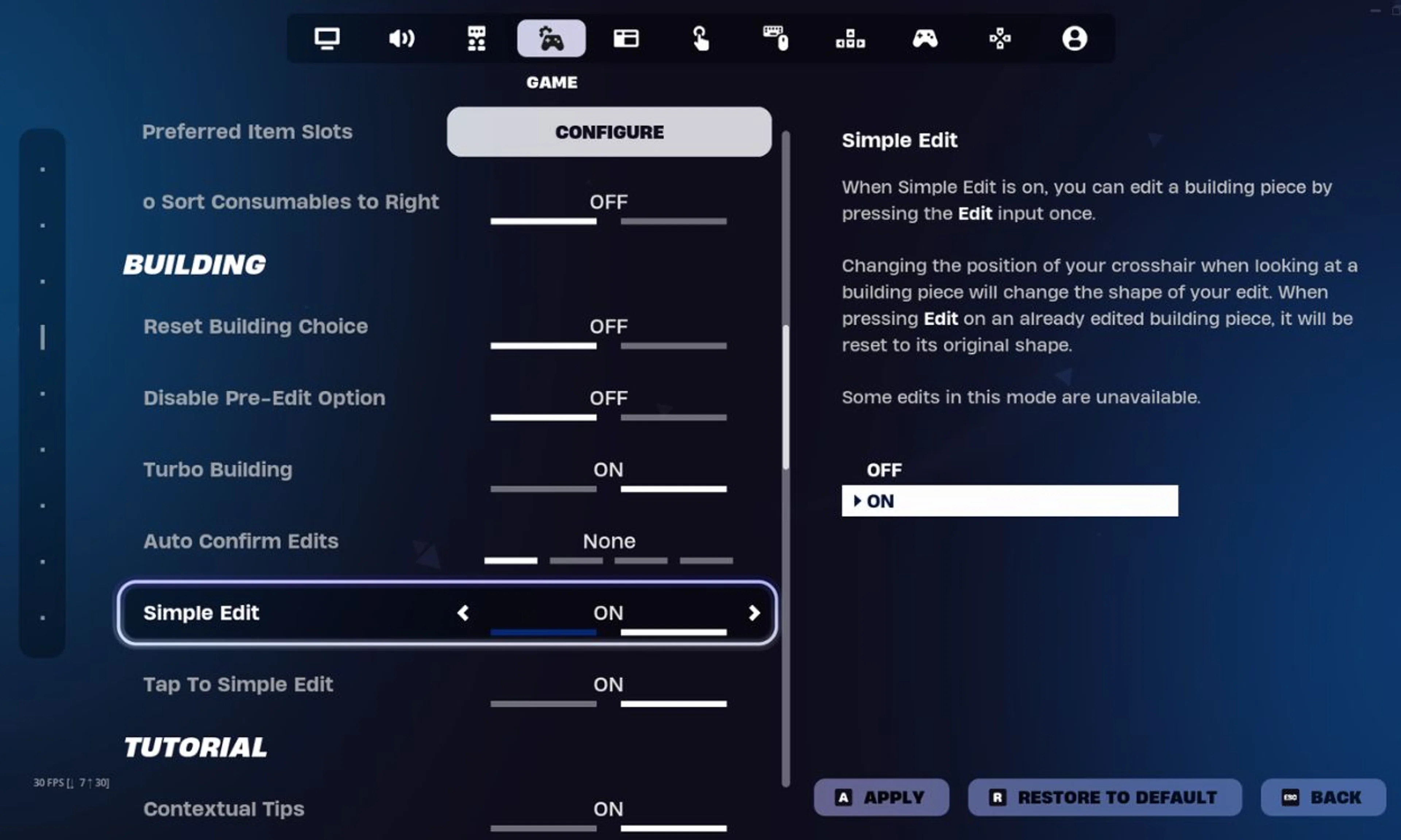 Fortnite settings showing the Simple Edit option