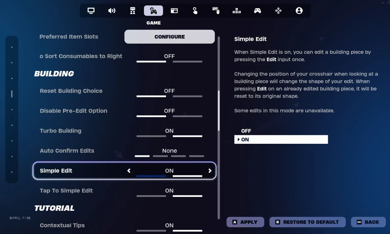 Fortnite settings showing the Simple Edit option