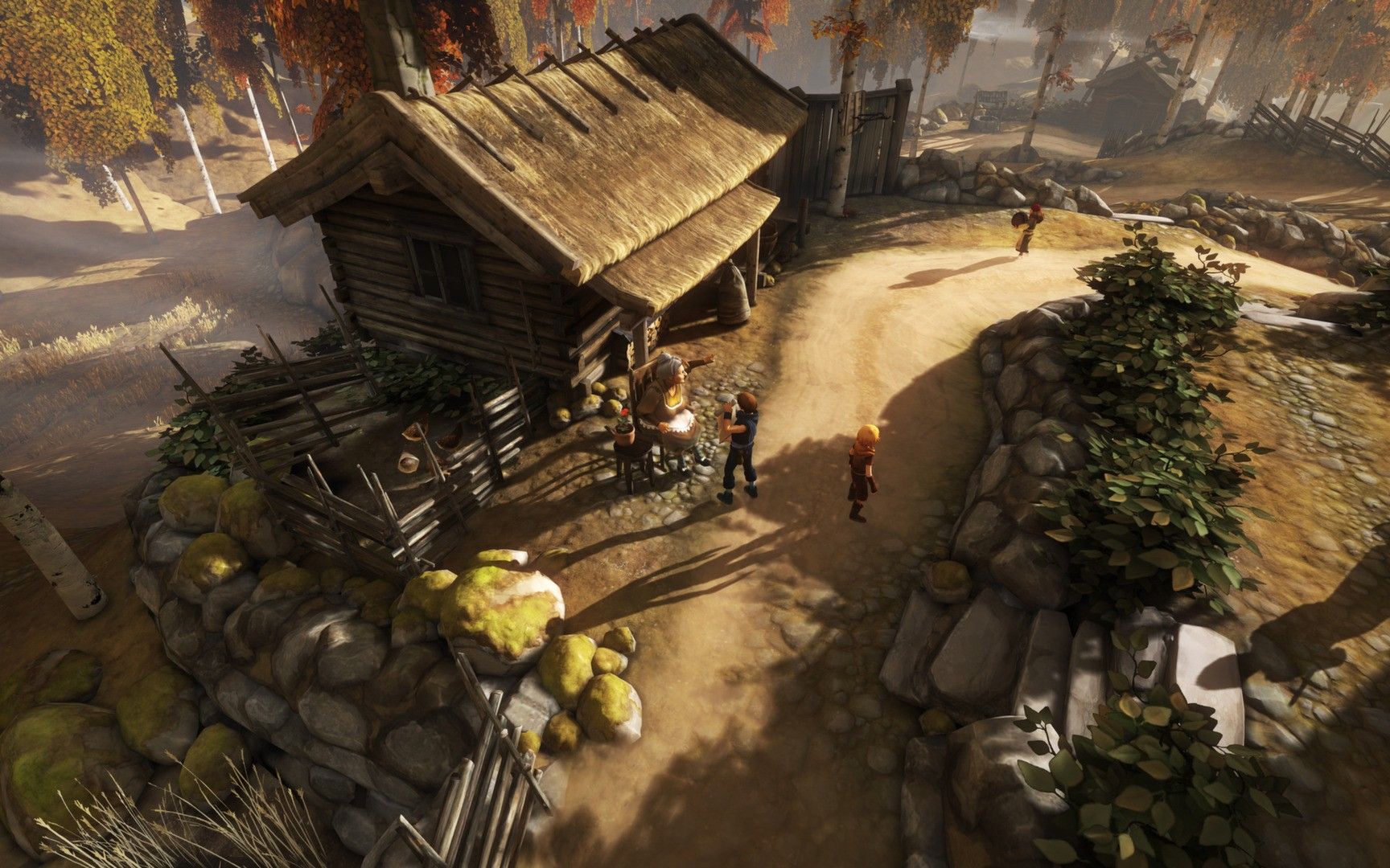 The brothers walk past a small house along a sunlit path.