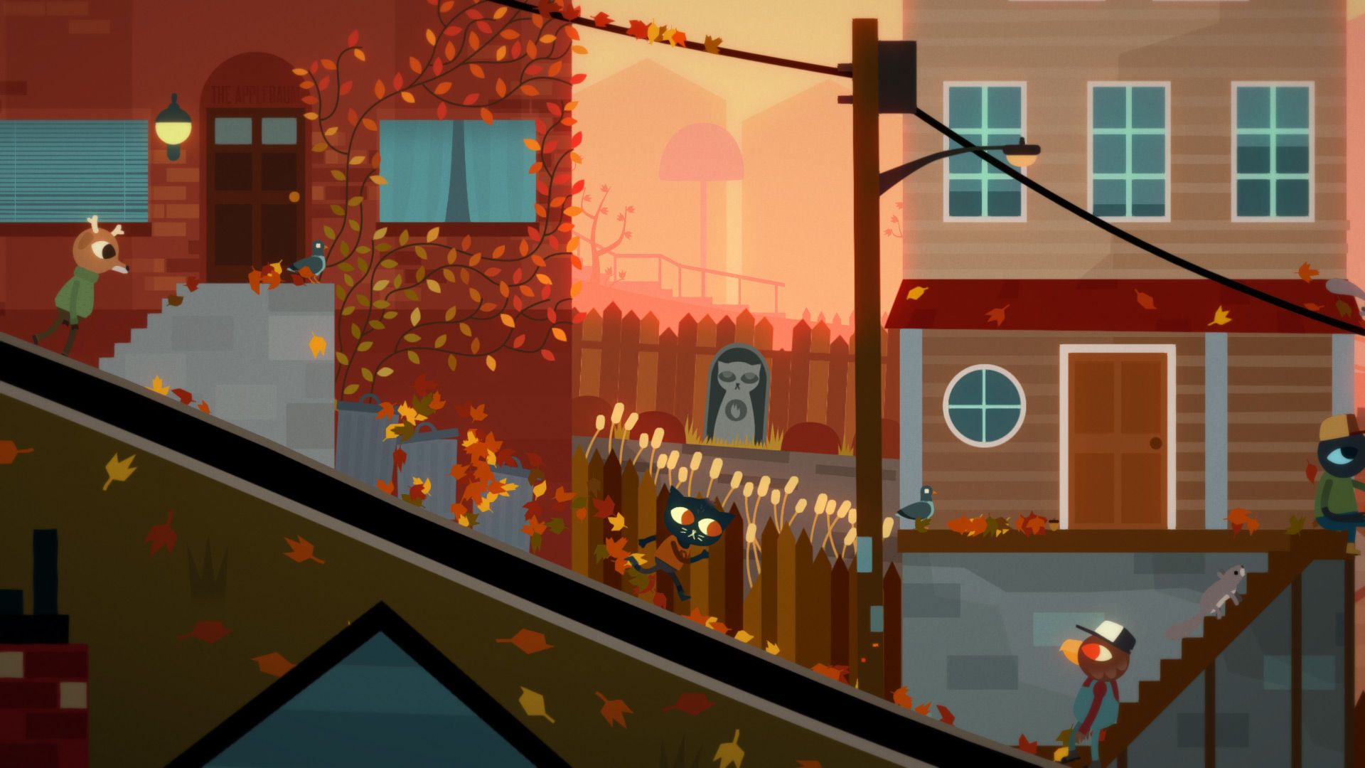 Mae walks across a raised path between houses in Possum Springs at sunset.