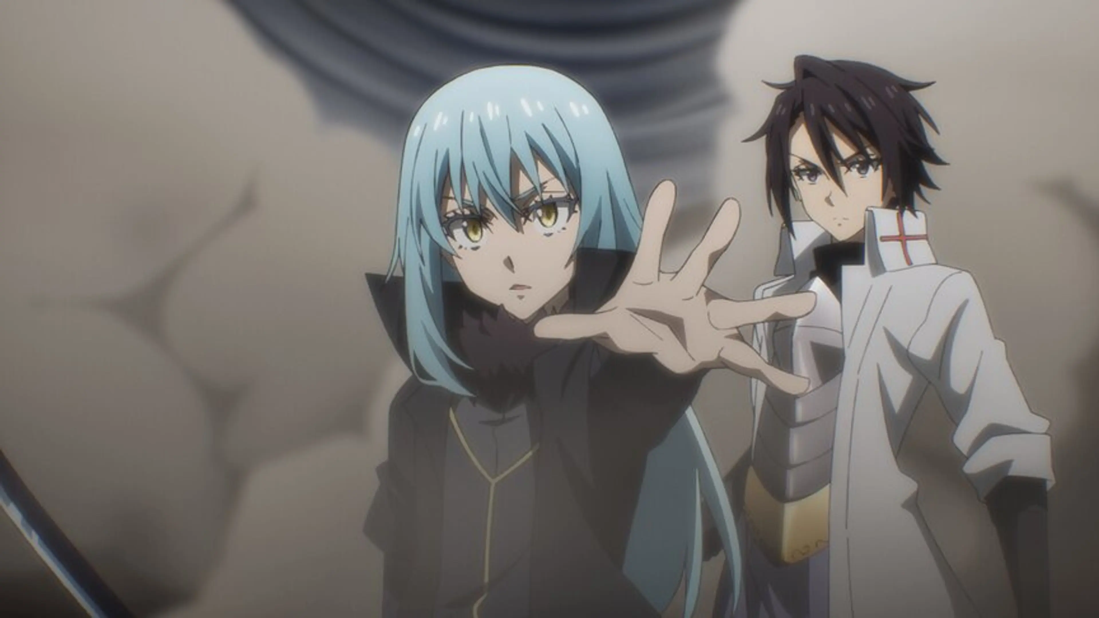 Rimuru Tempest reaches forward beside Hinata Sakaguchi in an official That Time I Got Reincarnated as a Slime Season 4 still.