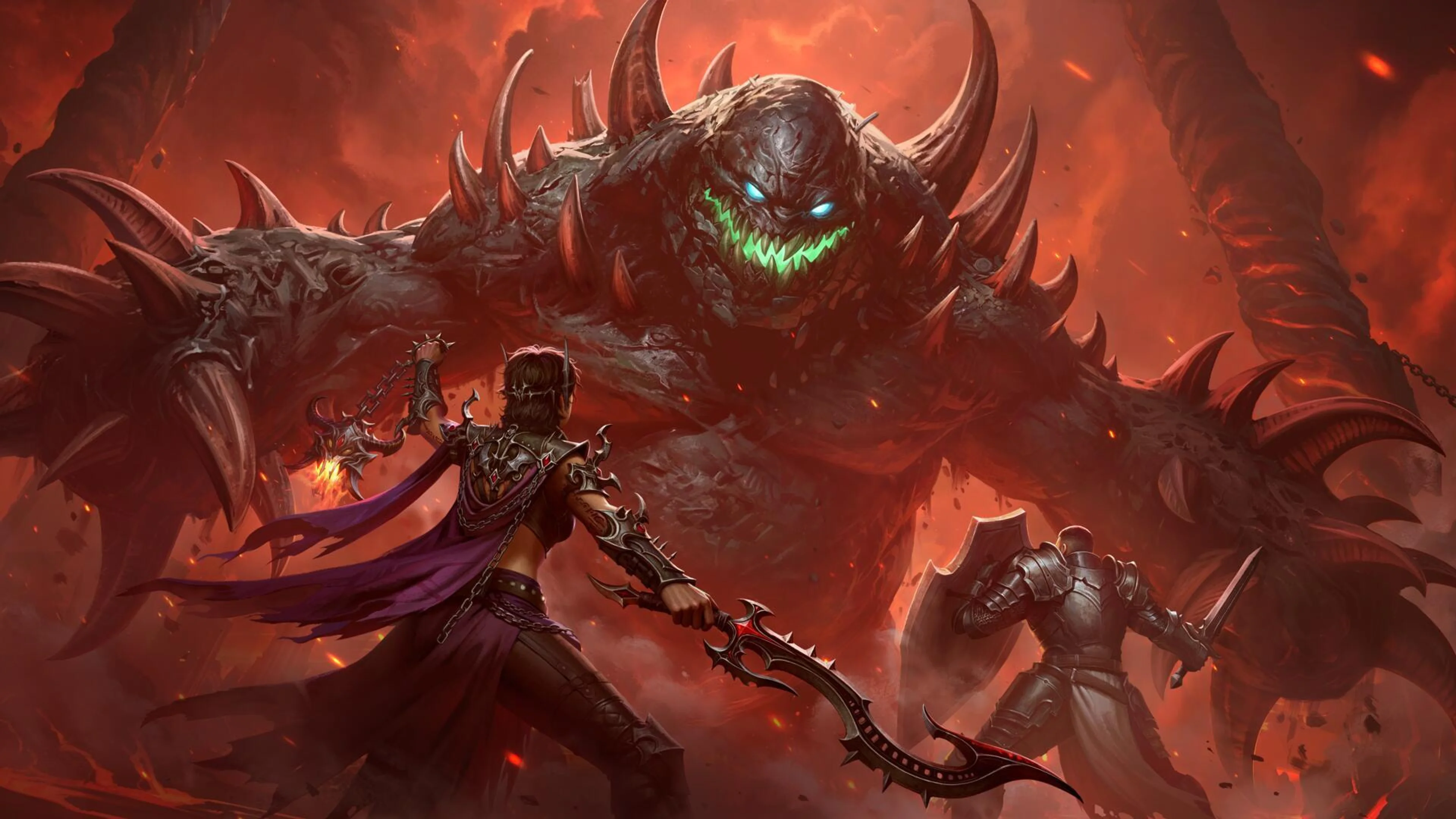 A Diablo Immortal hero faces a towering demon in official Hellspawn’s Bane event art.