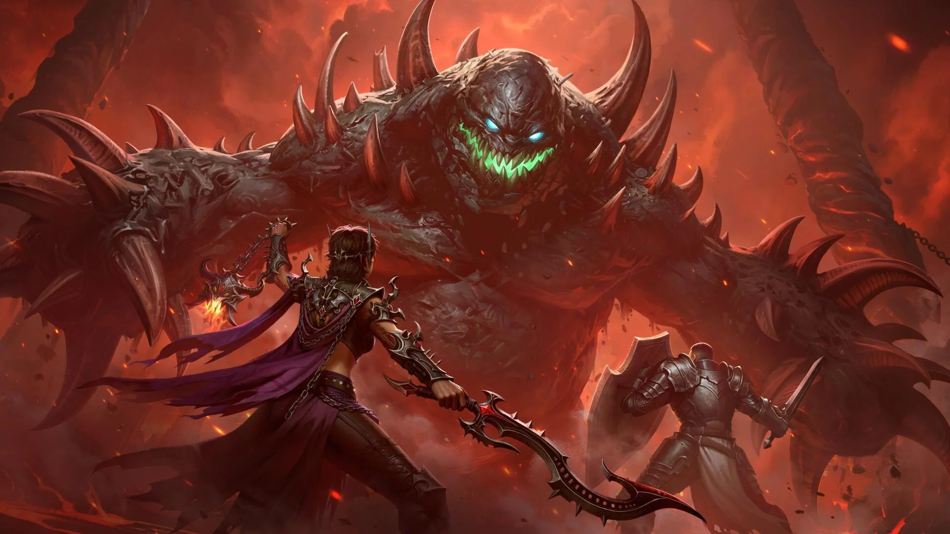 A Diablo Immortal hero faces a towering demon in official Hellspawn’s Bane event art.