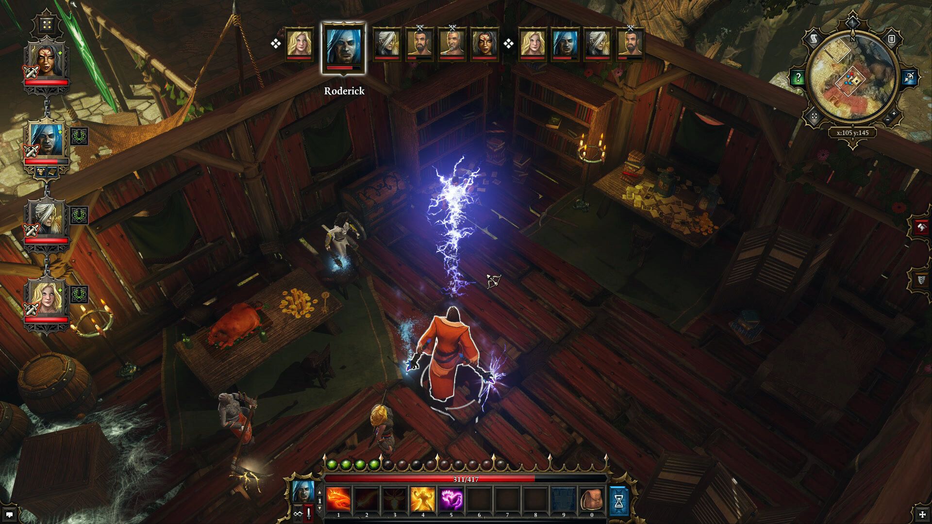 A spell strikes an enemy in a wooden room while the turn order remains visible.
