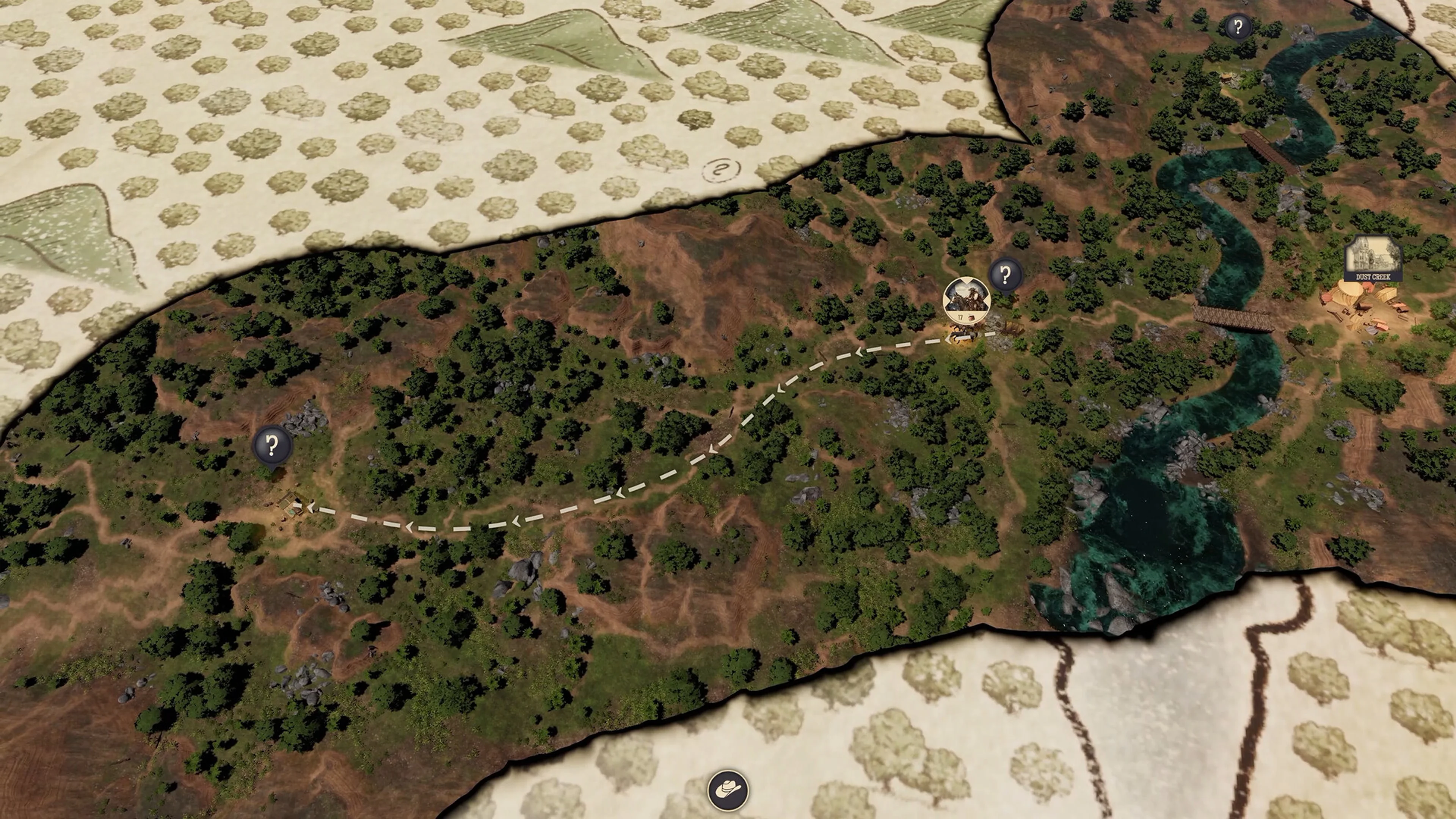 The Wild West Pioneers world map shows an expedition route between locations.