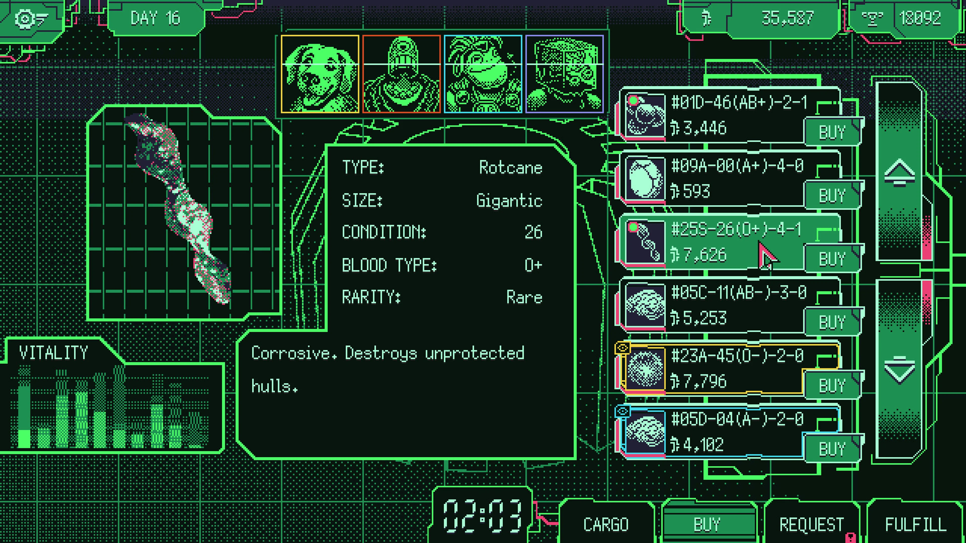 A grotesque organ listing fills the green market terminal in Space Warlord Organ Trading Simulator.