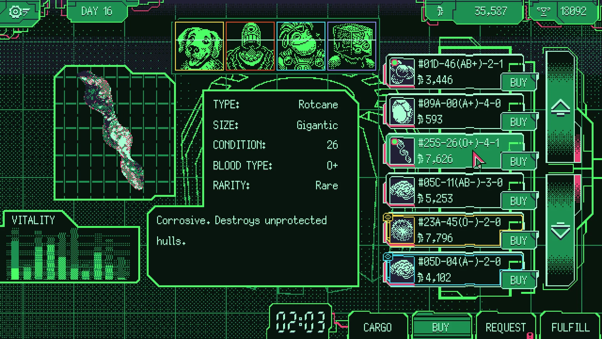 A grotesque organ listing fills the green market terminal in Space Warlord Organ Trading Simulator.
