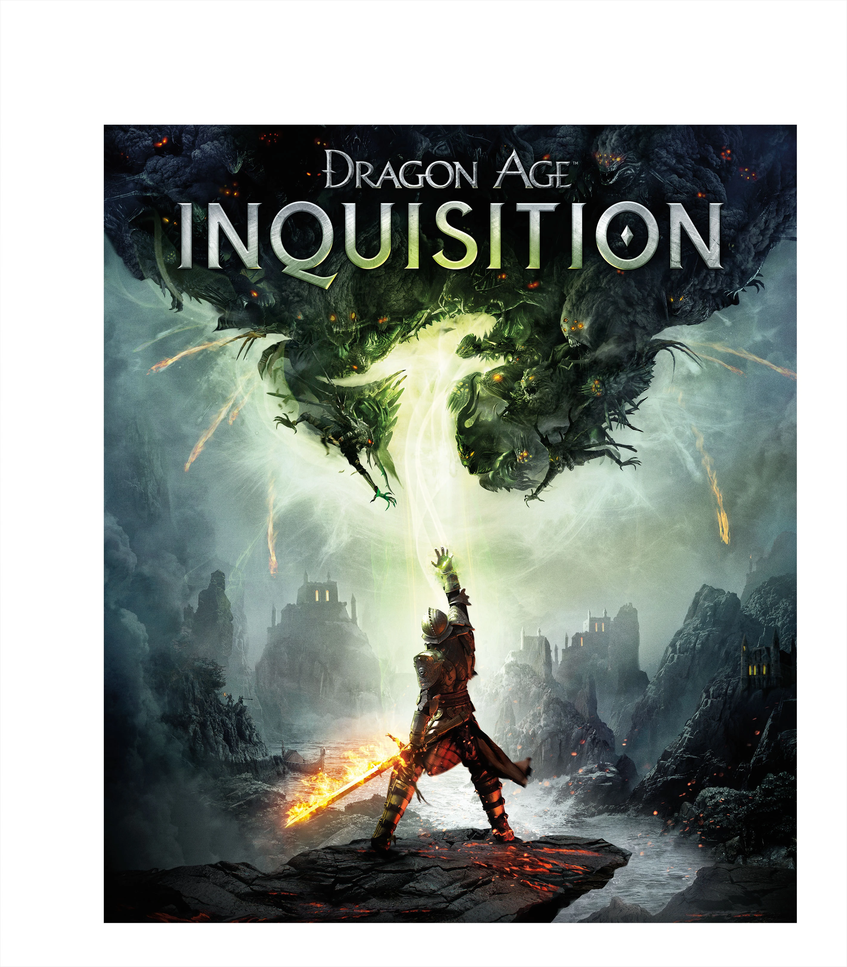 Original official Dragon Age: Inquisition key art with the Inquisitor lifting a glowing hand below the native game logo.