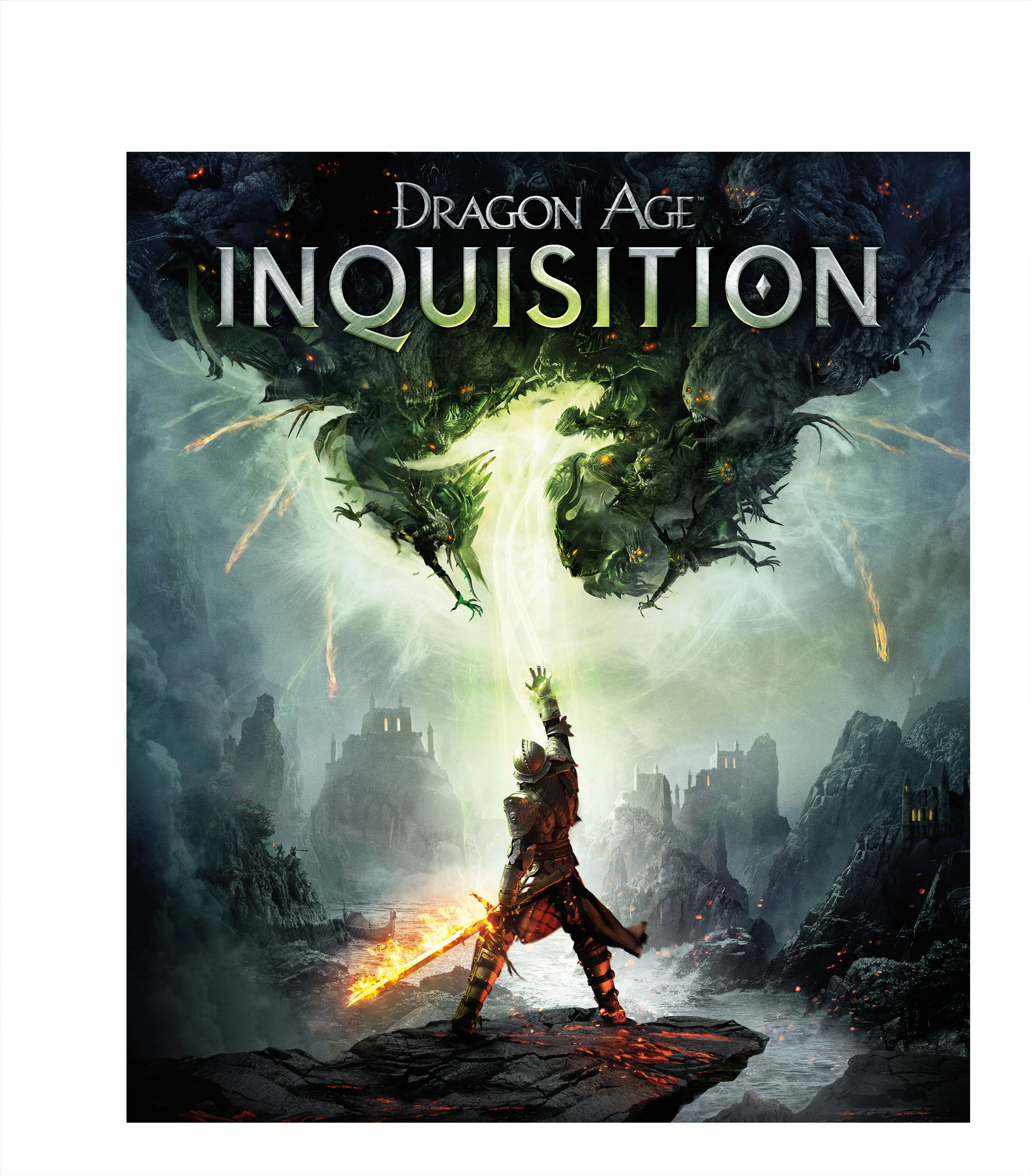 Original official Dragon Age: Inquisition key art with the Inquisitor lifting a glowing hand below the native game logo.