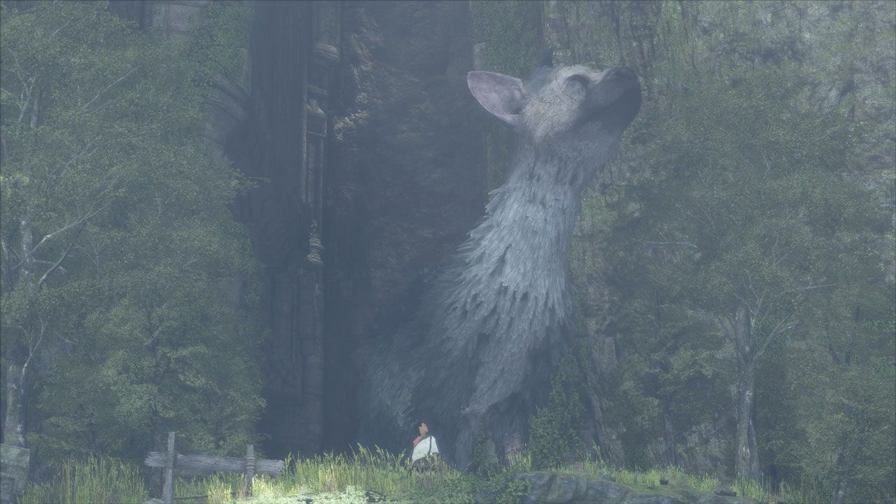 Trico standing beside the boy against a tall, plant-covered stone entrance.