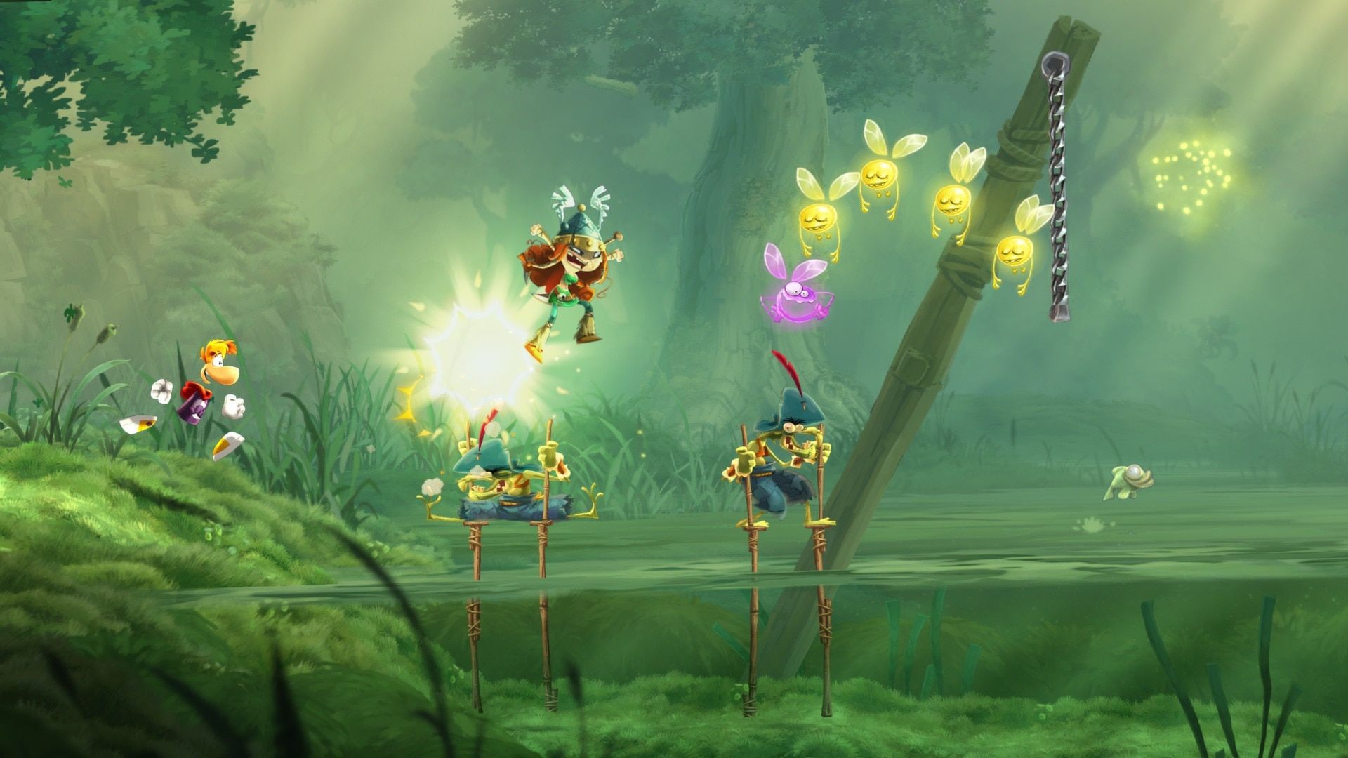 Rayman characters bounce and jump through a lush green forest.