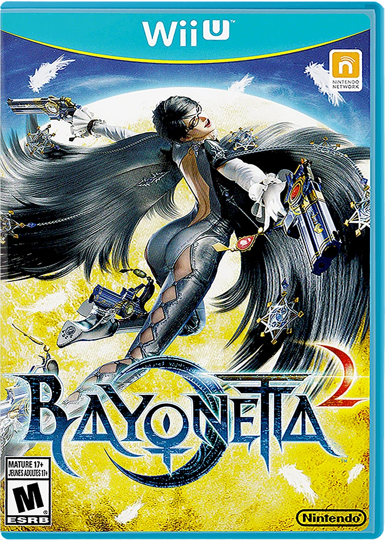 Official North American Bayonetta 2 Wii U box cover showing Bayonetta below the native logo with ESRB M mark.
