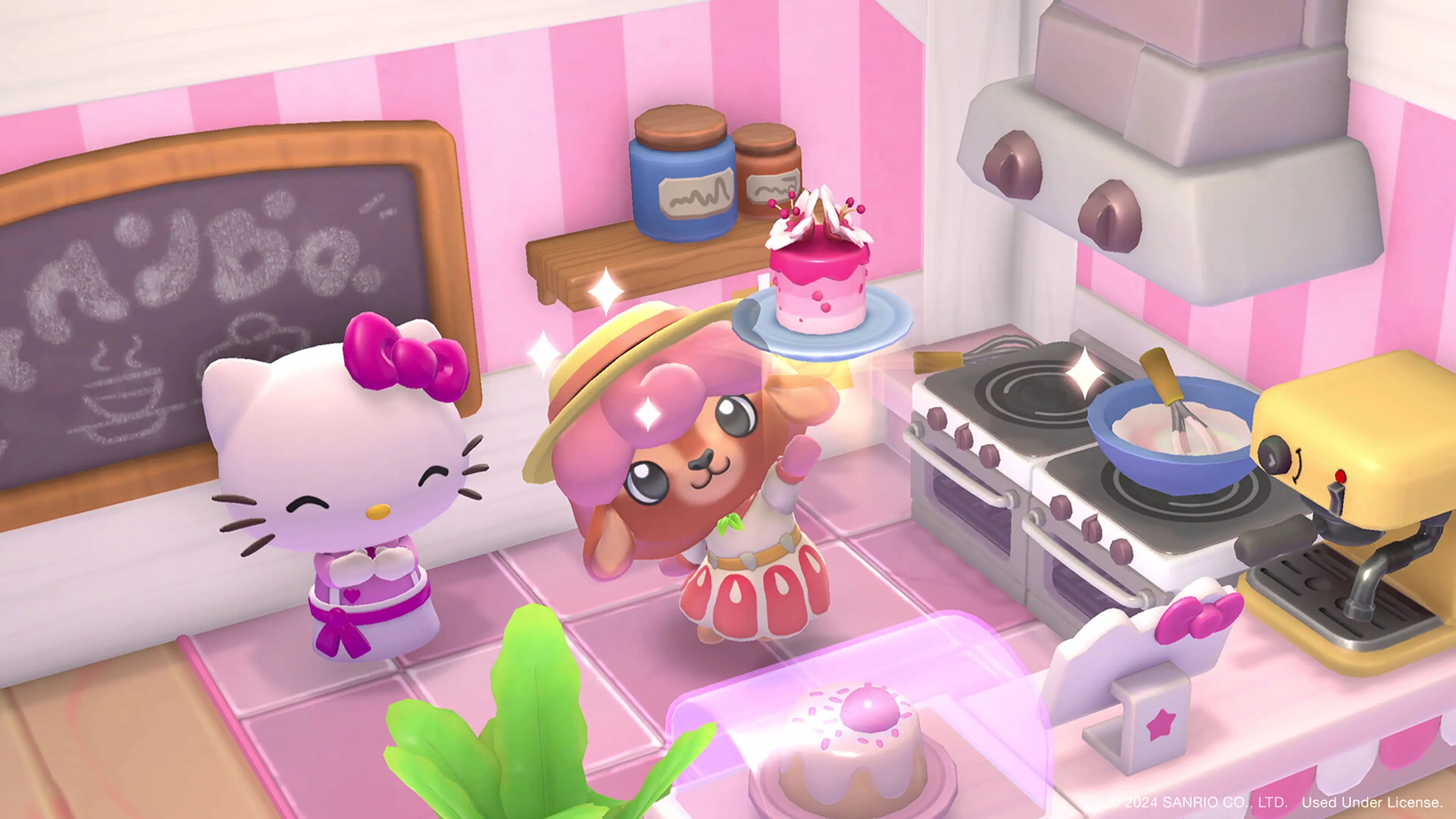 Hello Kitty and a player character preparing food in a pink kitchen.
