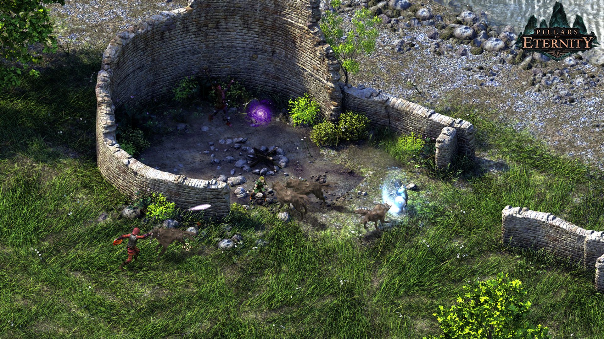 Companions fight near a ruined stone circle in a bright outdoor area.