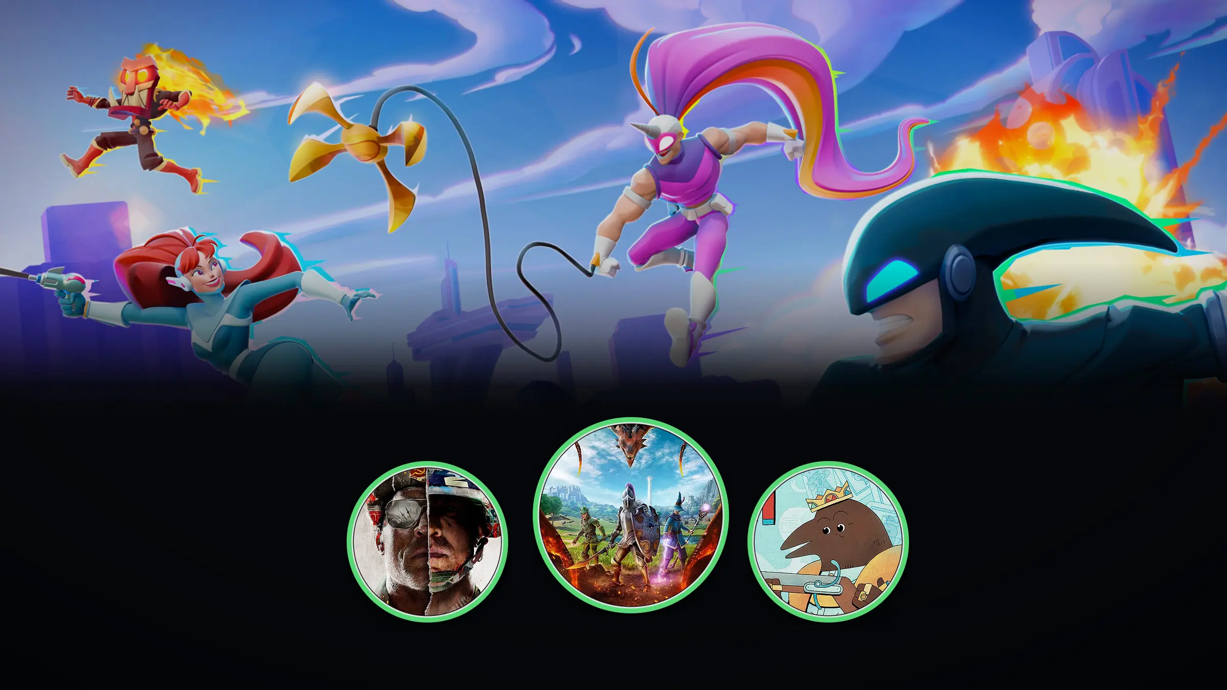 SpeedRunners 2 characters race above circular previews of Black Ops Cold War, RuneScape Dragonwilds, and The Royal Writ.