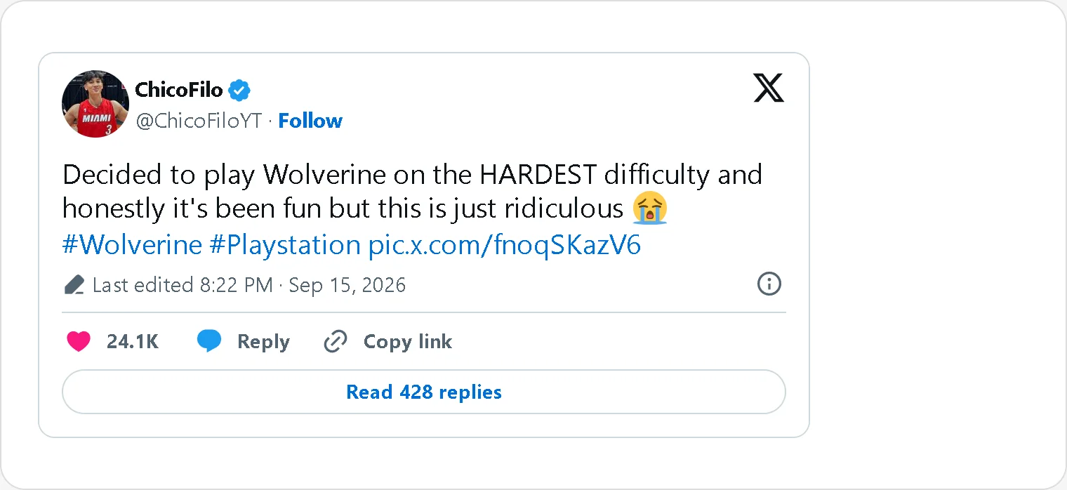 X post by ChicoFilo saying Marvel’s Wolverine has been fun but one moment on the hardest difficulty is ridiculous.