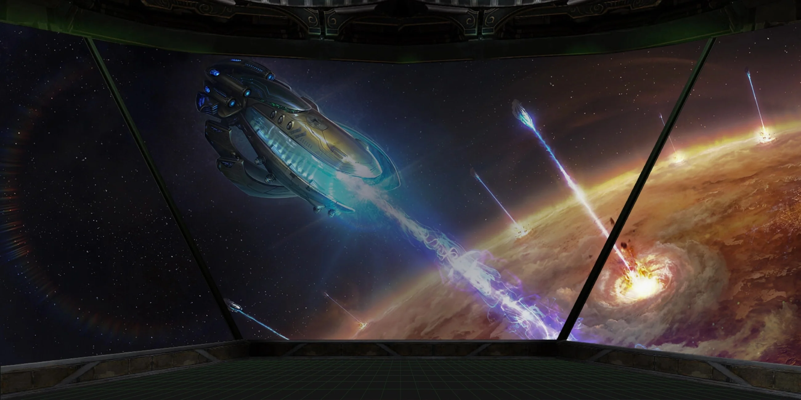 A Protoss ship flies above a planet in official StarCraft artwork.