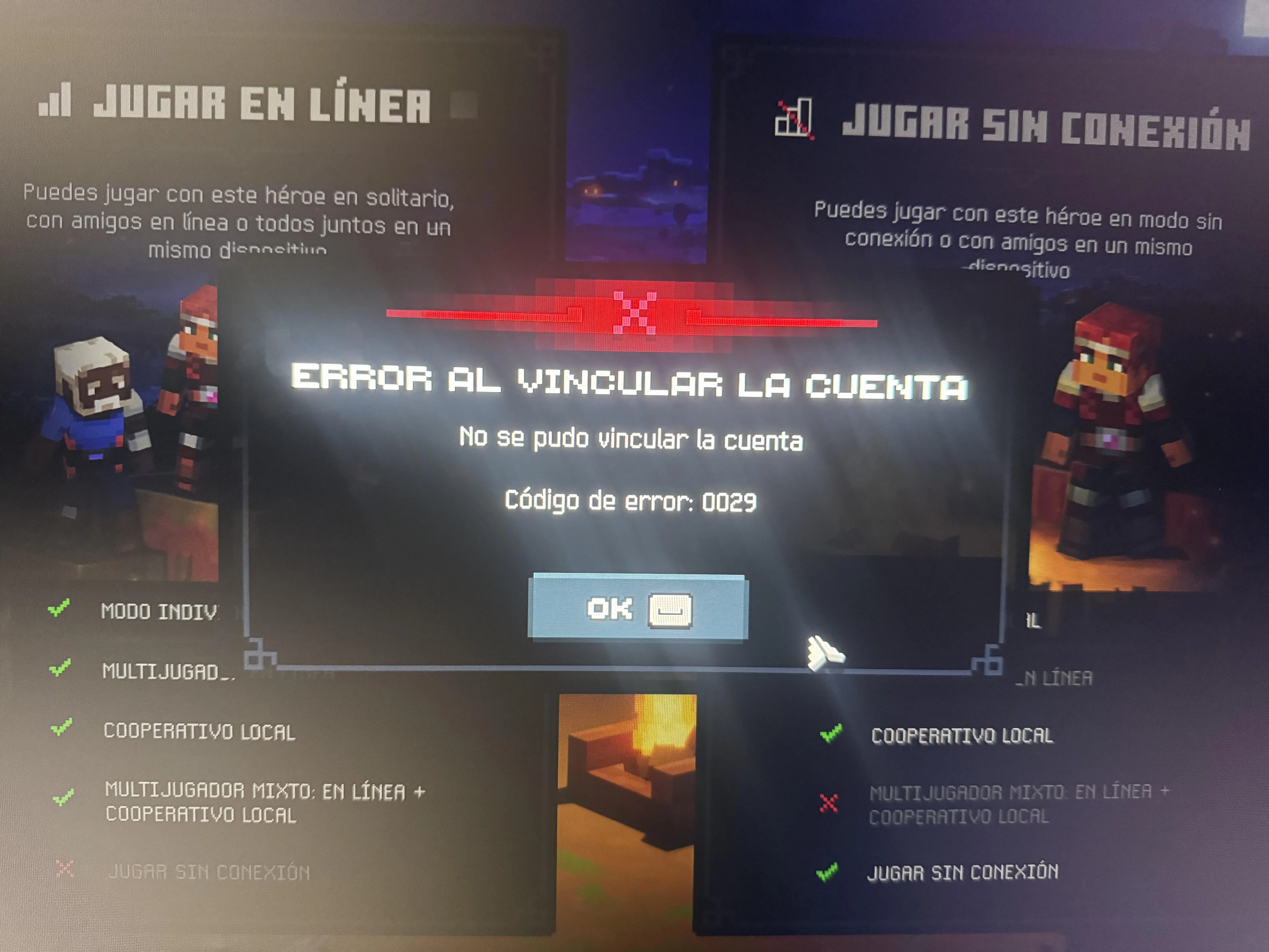 A player photo shows Minecraft Dungeons II account-link error code 0029 in Spanish.