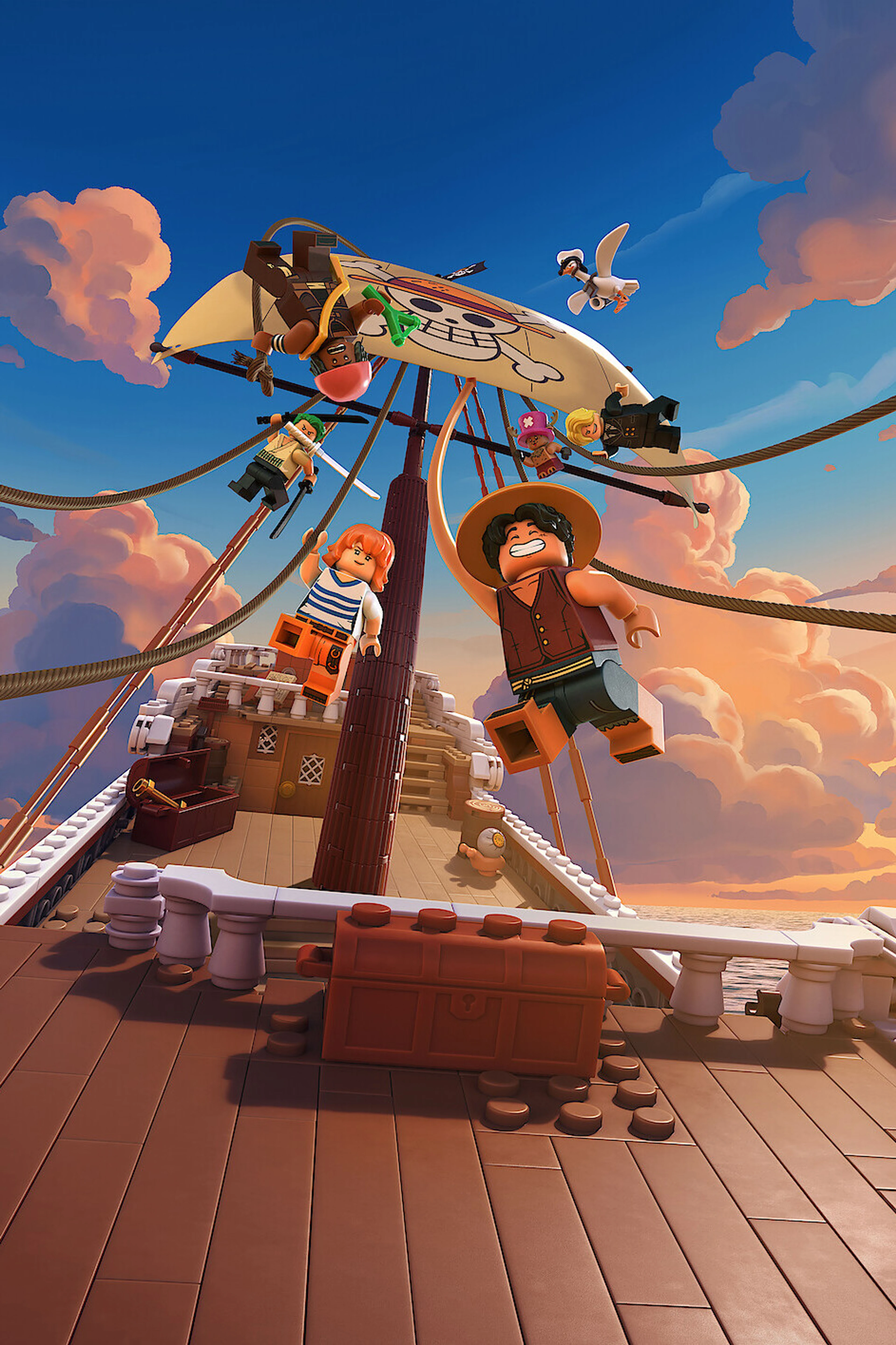 Textless official LEGO ONE PIECE poster art shows the Straw Hat crew in brick form.