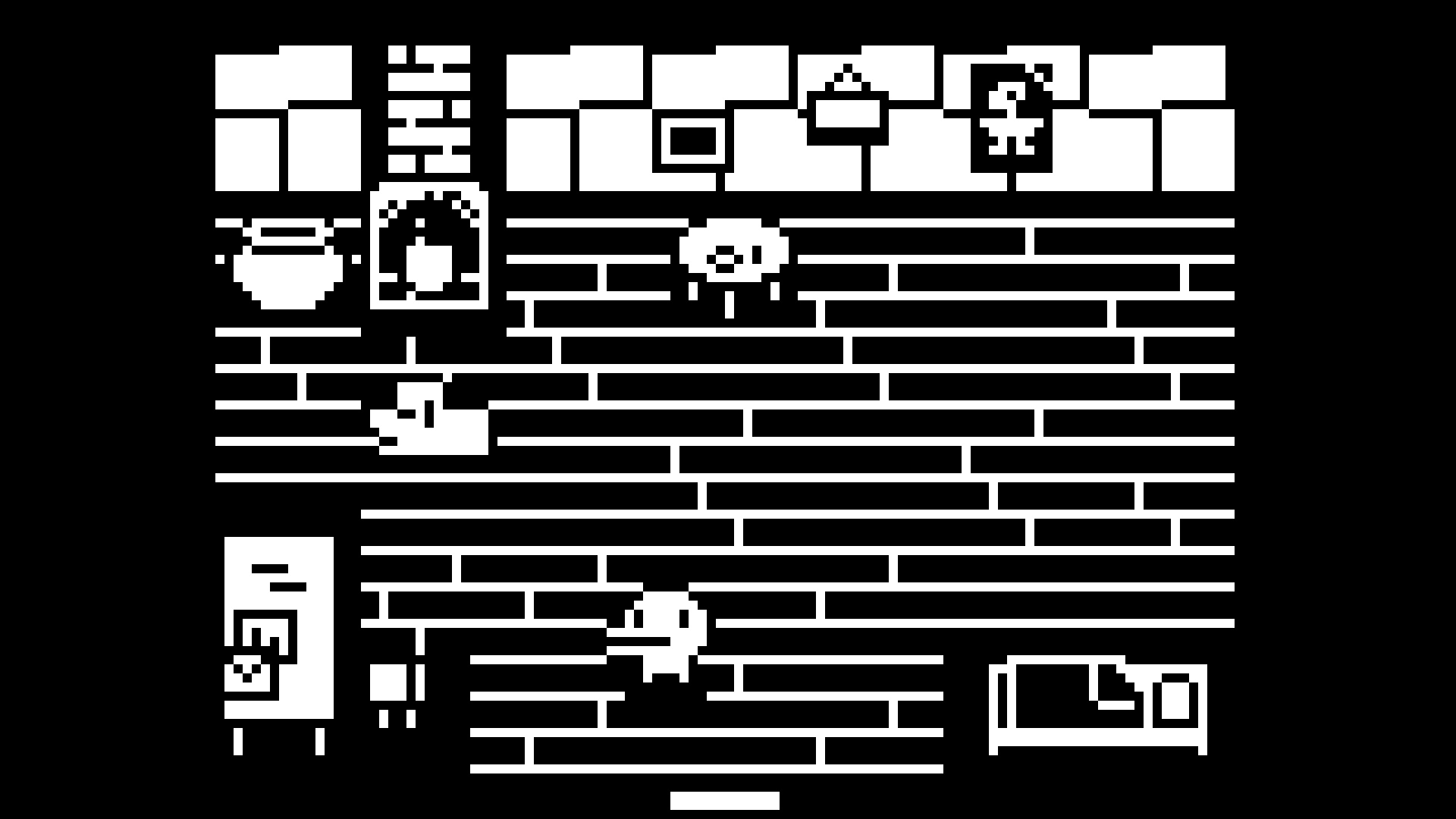 An indoor room uses large black-and-white shapes to separate characters, wall decorations and paths.