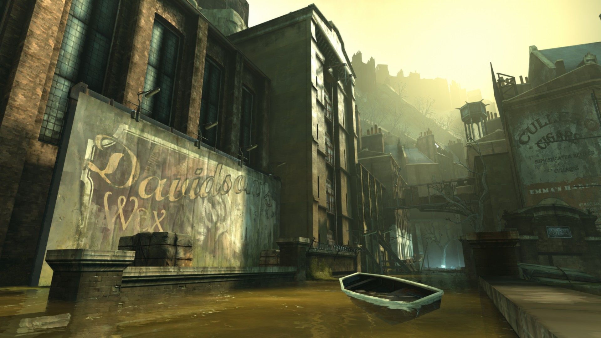 A waterway and tall buildings in Dunwall, the plague-stricken setting of Dishonored.