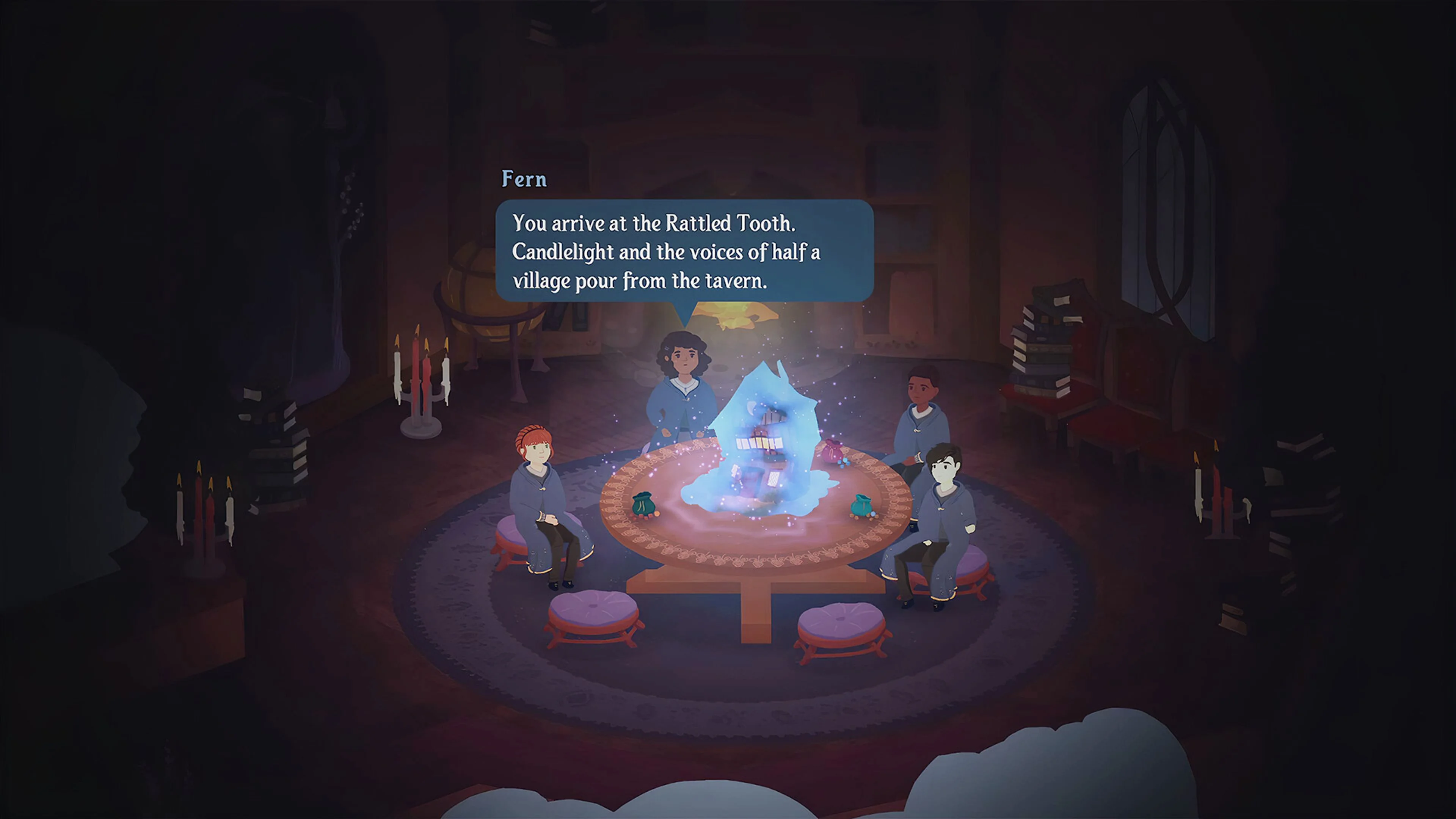 Students gather around a glowing blue table in a Songs of Glimmerwick classroom.