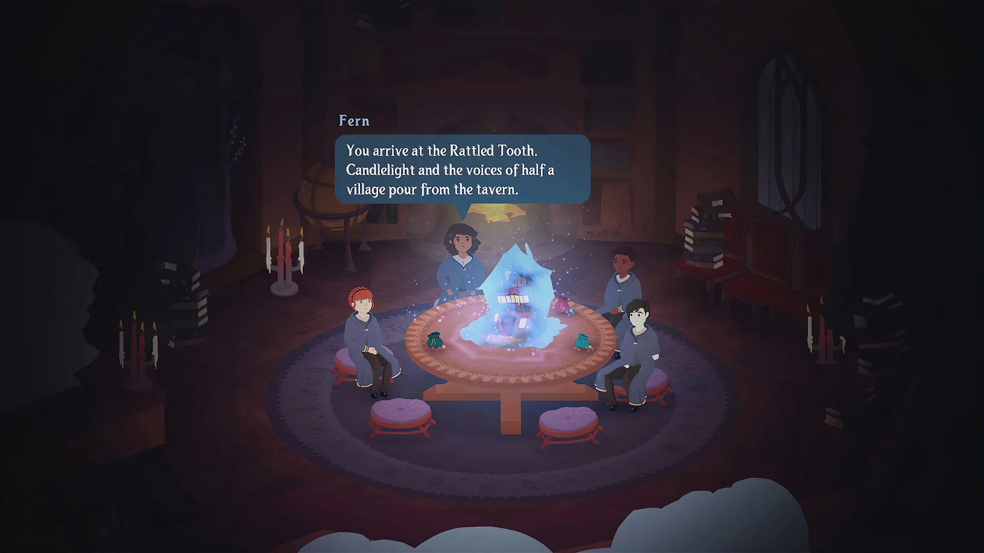 Students gather around a glowing blue table in a Songs of Glimmerwick classroom.