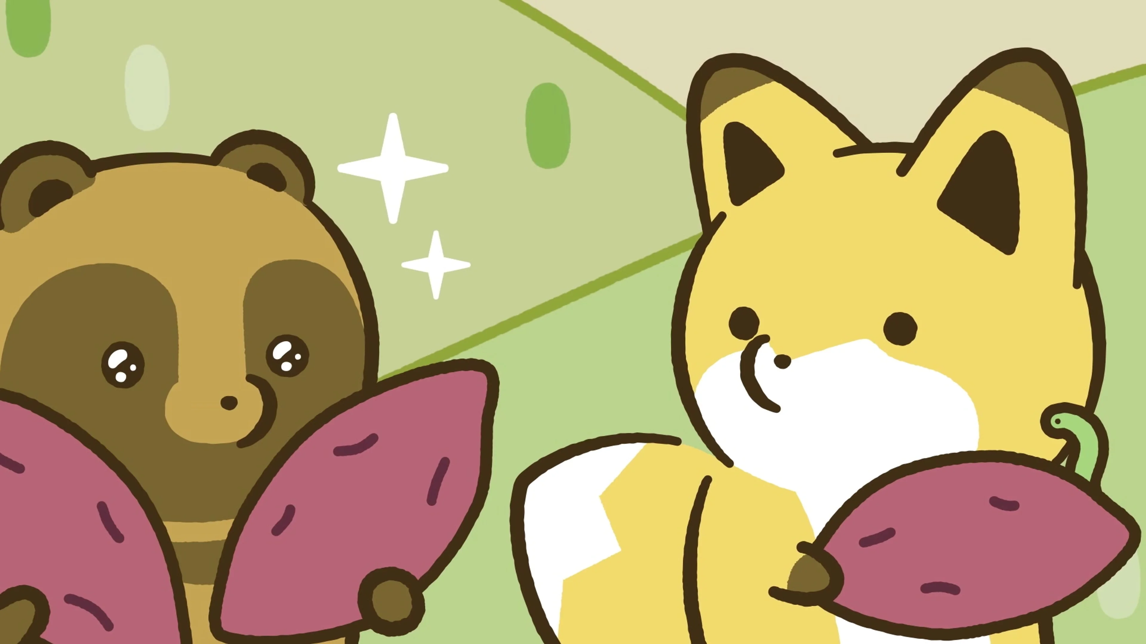 Tanuki and Kitsune each hold a roasted sweet potato in a bright close-up.
