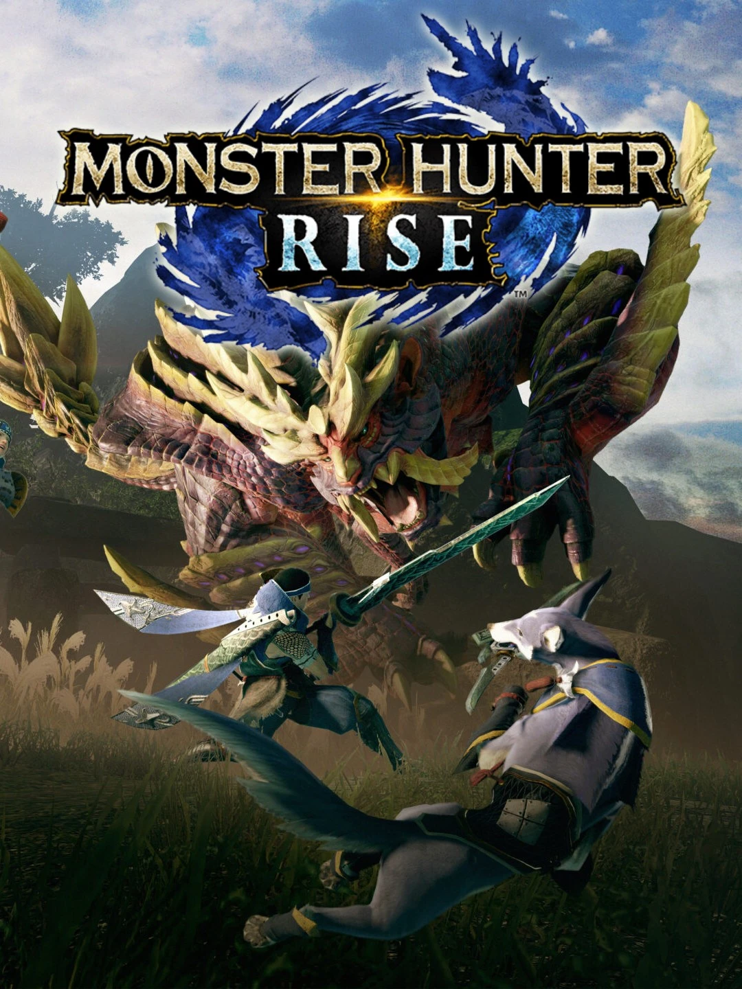 Official Monster Hunter Rise cover with a hunter, monster and the native game logo.