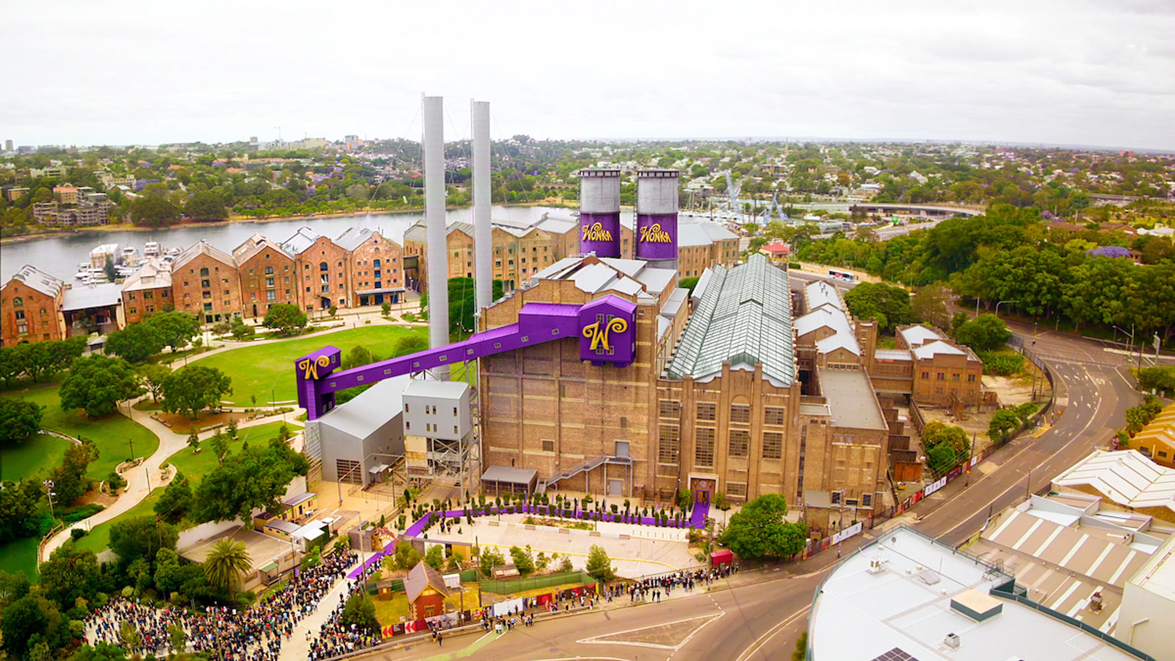 Exterior of the large Wonka chocolate factory set in Australia.