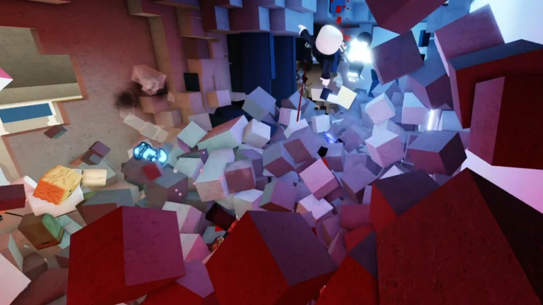 Jujutsu Shenanigans characters fighting among shattered walls and flying blocks.