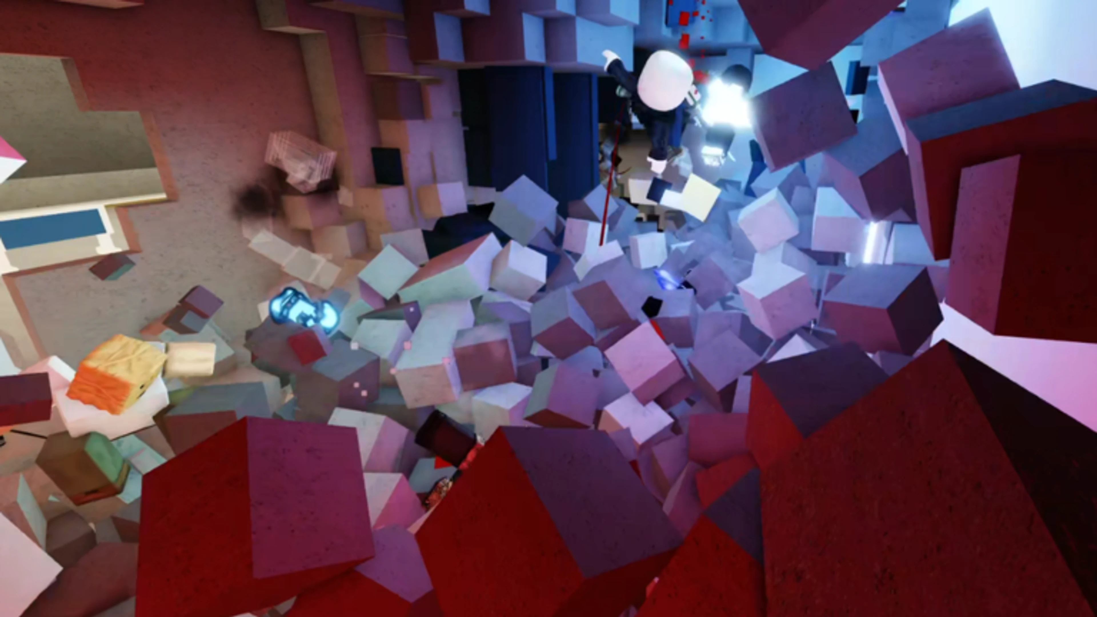Jujutsu Shenanigans characters fighting among shattered walls and flying blocks.
