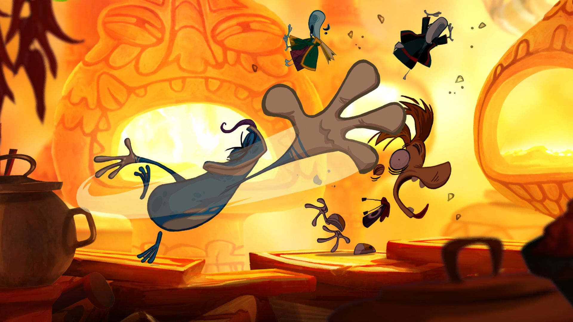 Rayman and Globox tumble through a bright yellow and orange area.