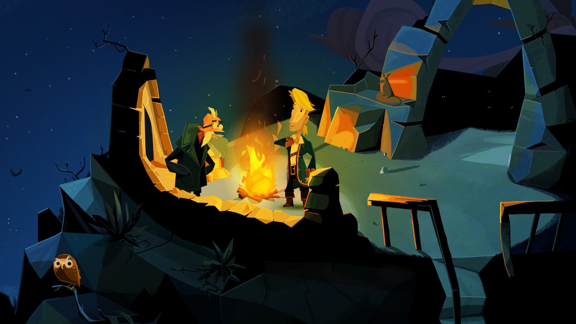 Pirates gather around a fire beneath an island cliff.