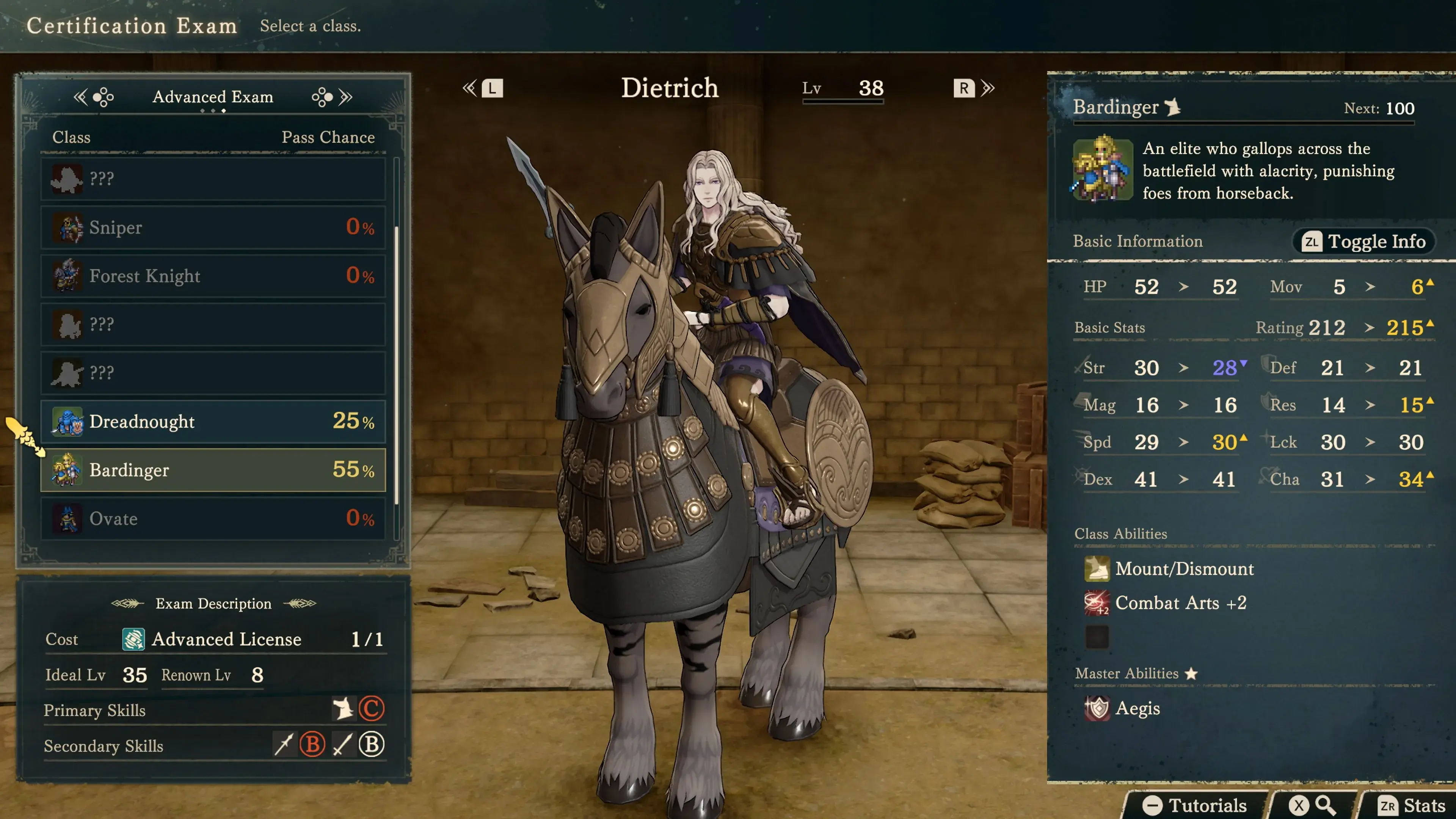 Dietrich appears on horseback in the Bardinger certification exam menu.