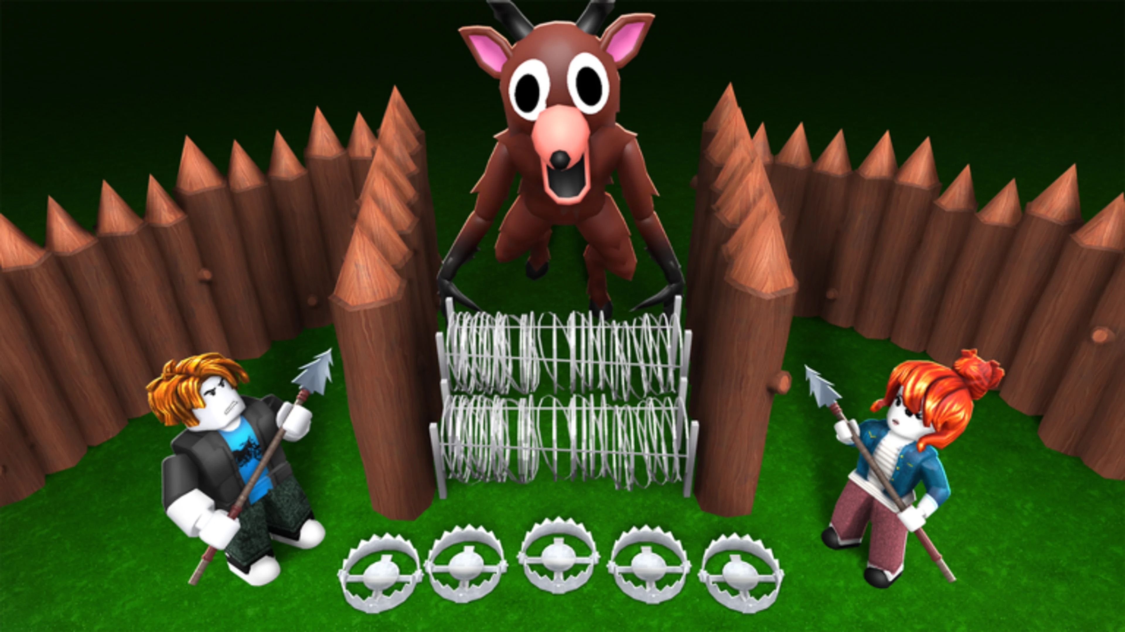 Two Roblox survivors defend a wooden camp from the Deer