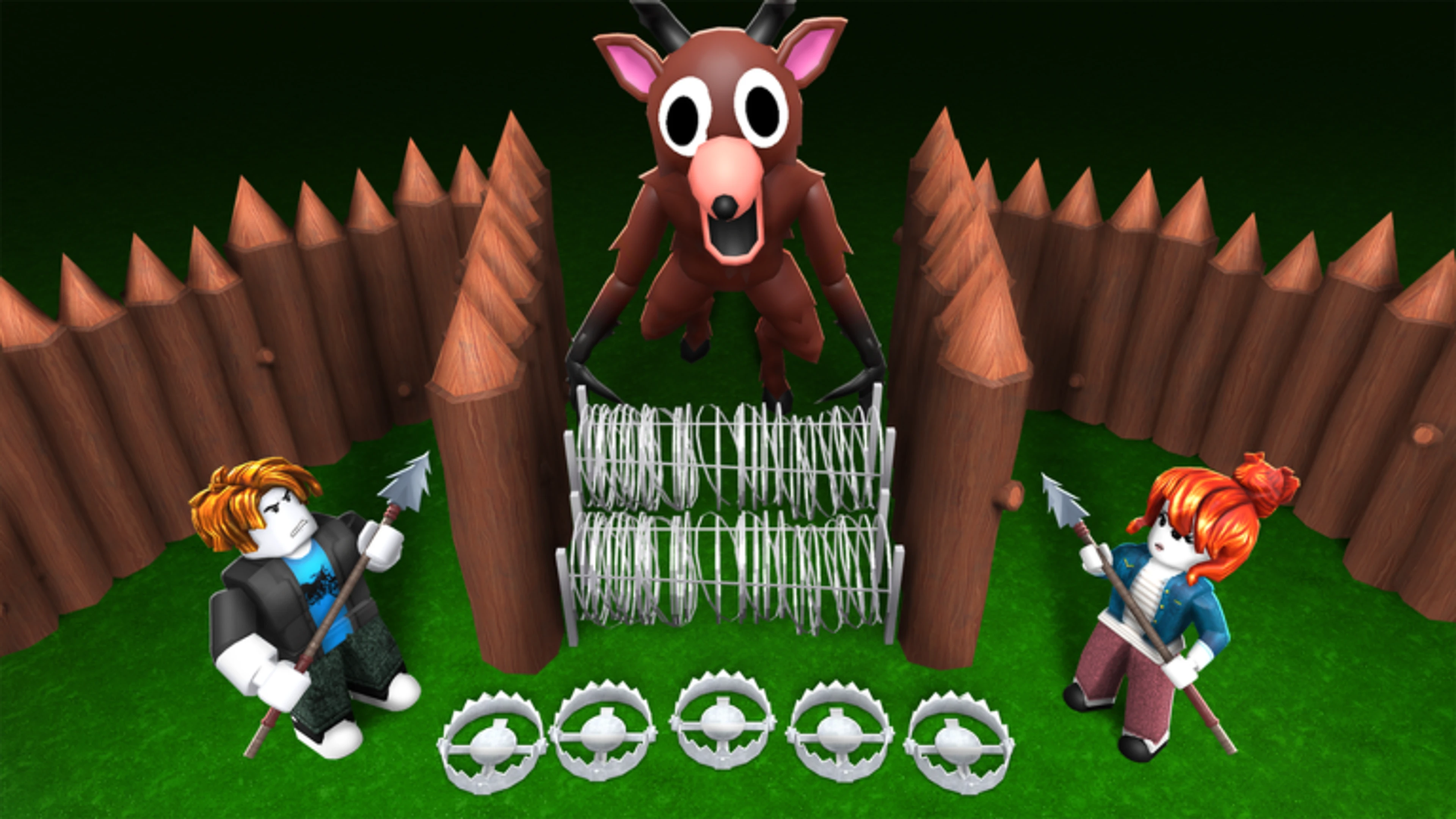 Two Roblox survivors defend a wooden camp from the Deer