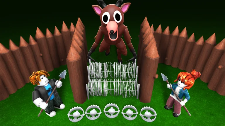 Two Roblox survivors defend a wooden camp from the Deer