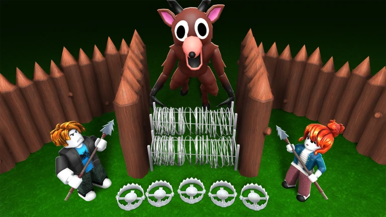 Two Roblox survivors defend a wooden camp from the Deer