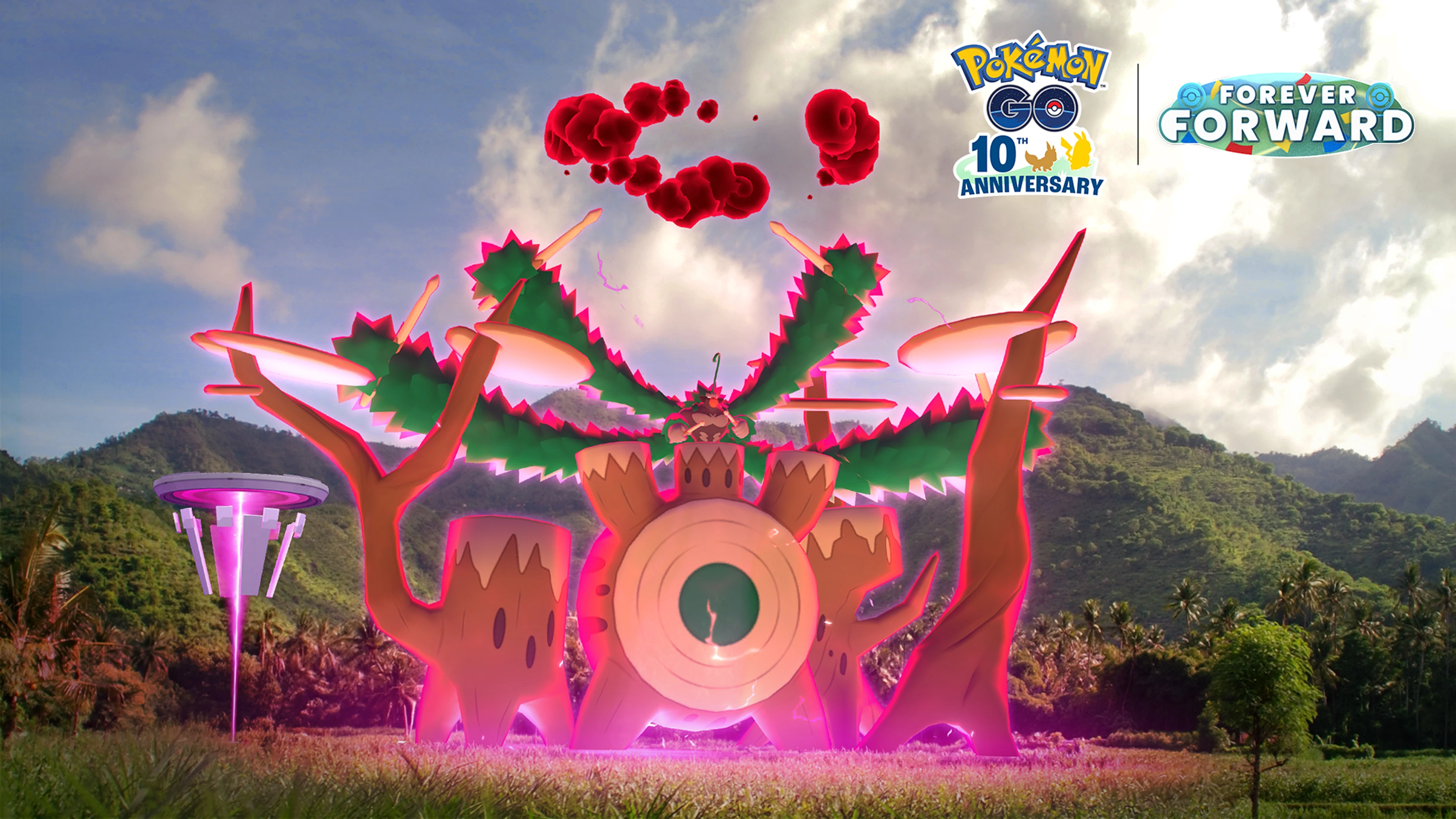 Gigantamax Rillaboom drums at a Power Spot in official Pokémon GO Max Battle Day artwork.