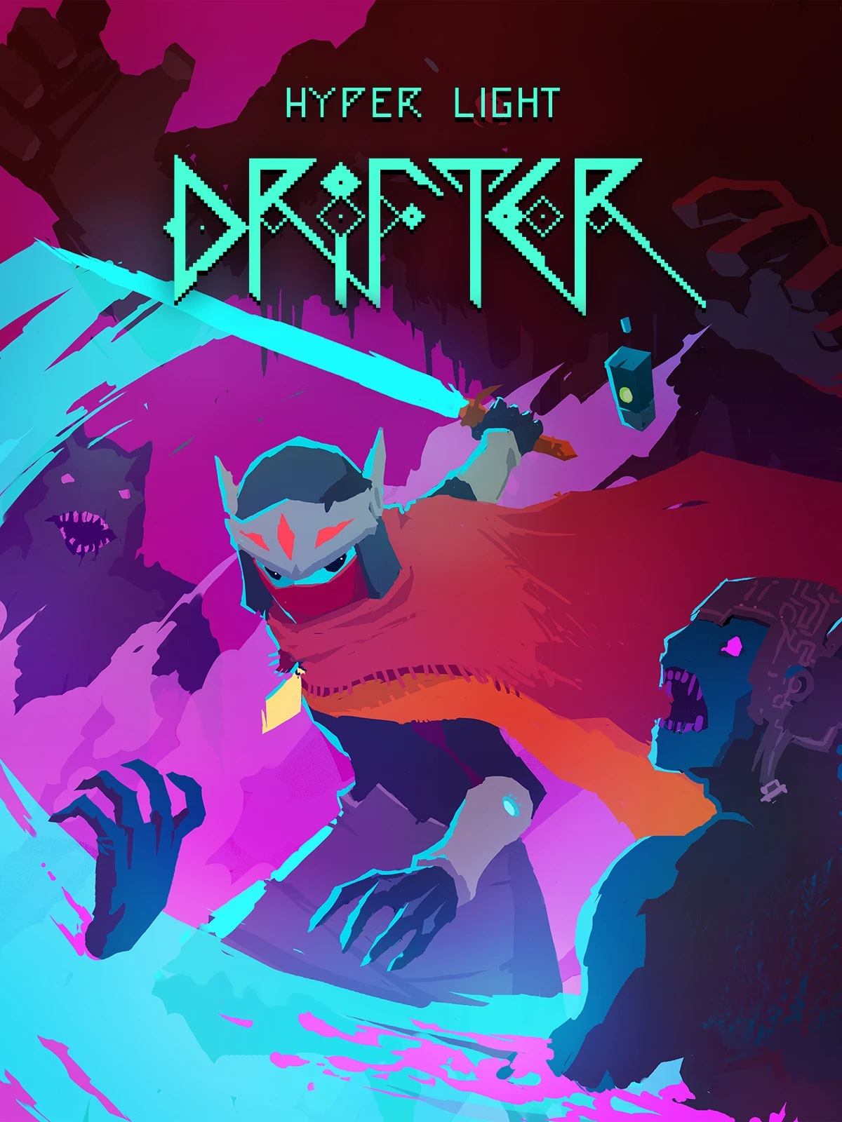 Official Hyper Light Drifter cover with the Drifter, vivid ruins and the native turquoise title.