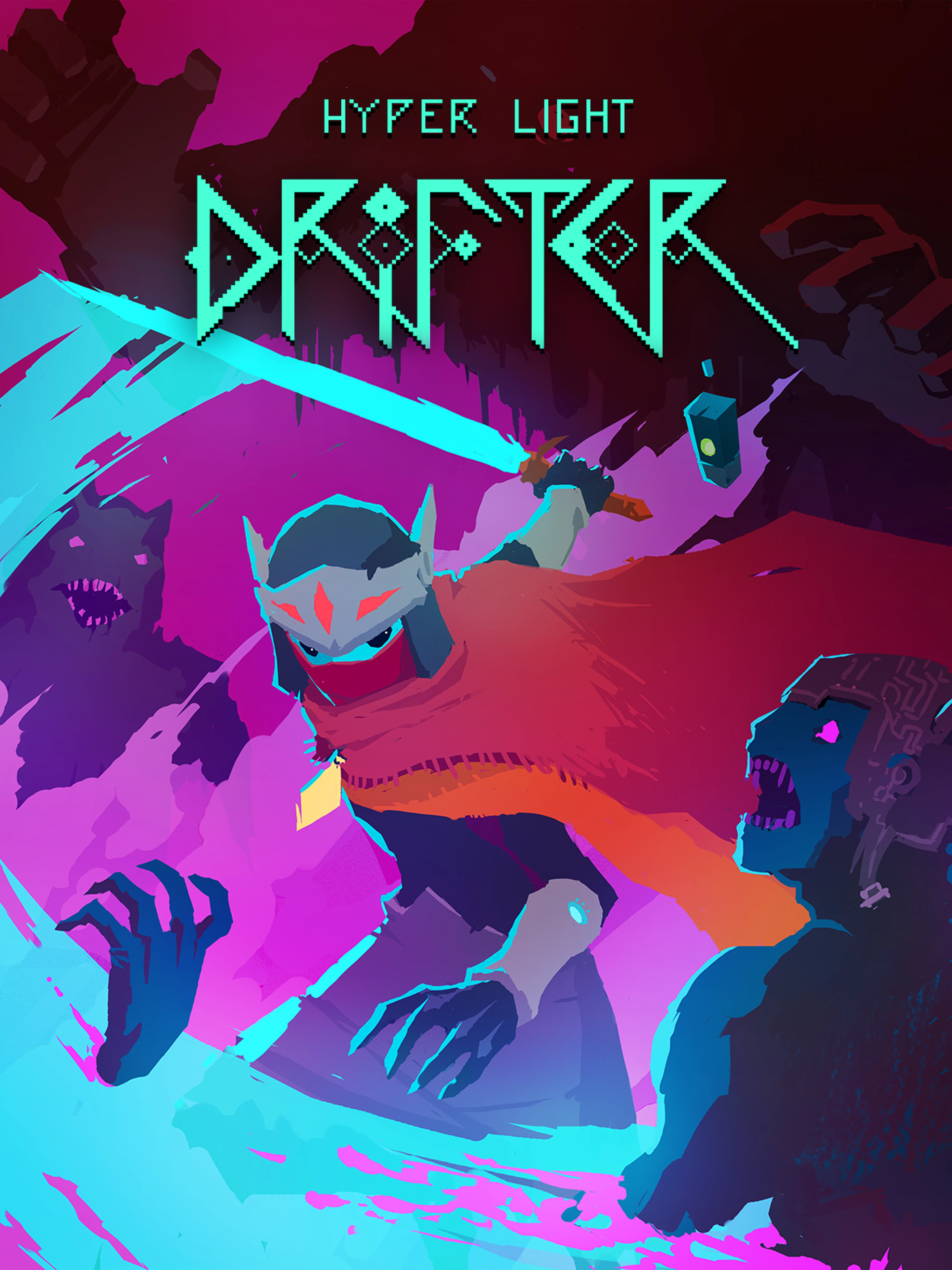 Official Hyper Light Drifter cover with the Drifter, vivid ruins and the native turquoise title.