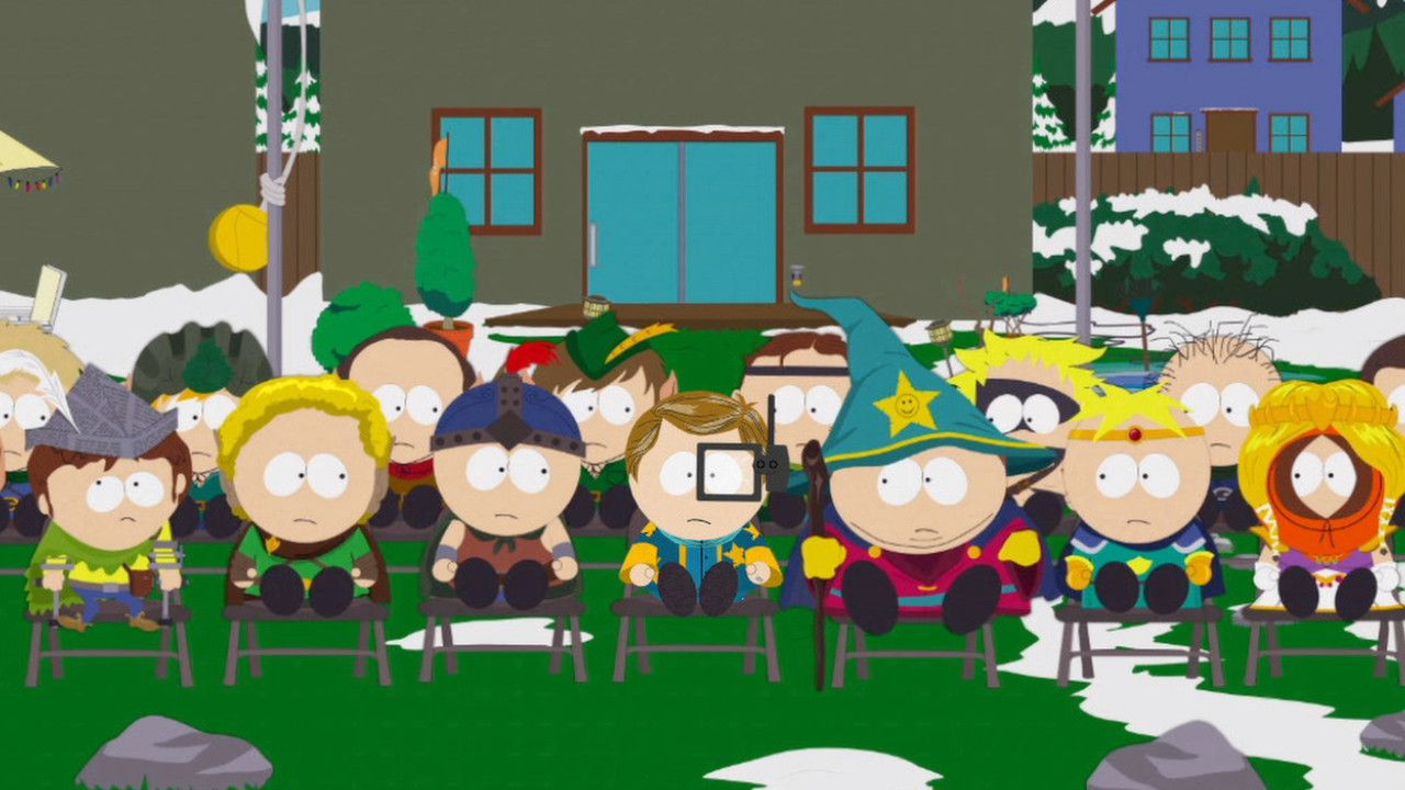 A large group of South Park children gathers outside a building in winter.