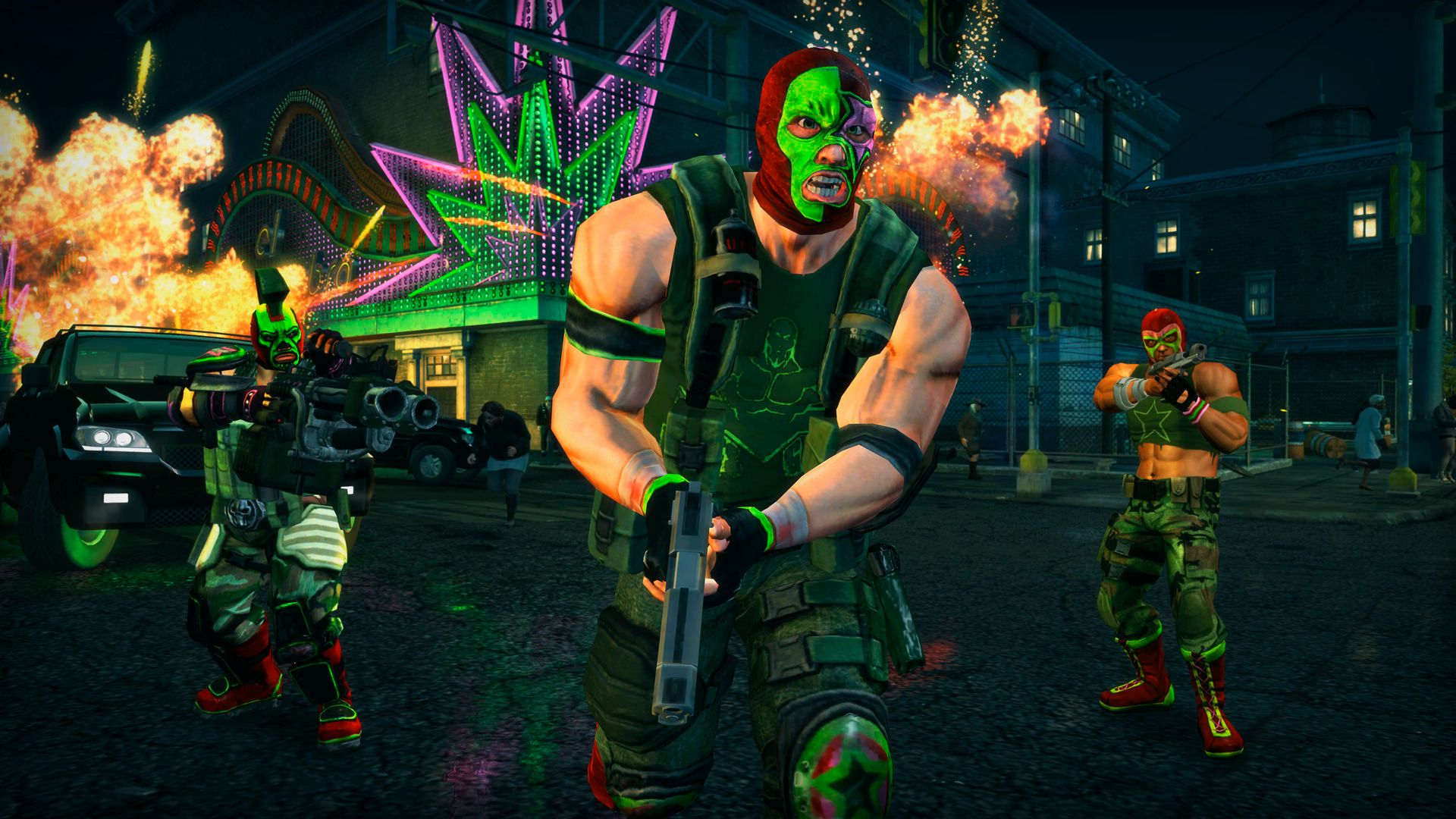 Armed gang members wear green and red wrestling masks on a Steelport street.